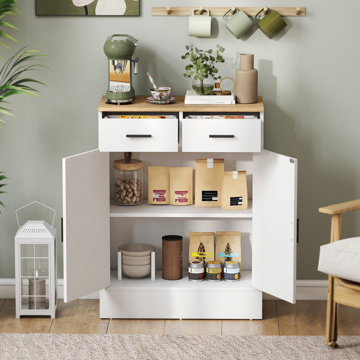 Buffet, meuble de rangement avec 2 portes, 2 tiroirs et étagère réglable, 68,6 x 35 x 90,3 cm, bois naturel et blanc