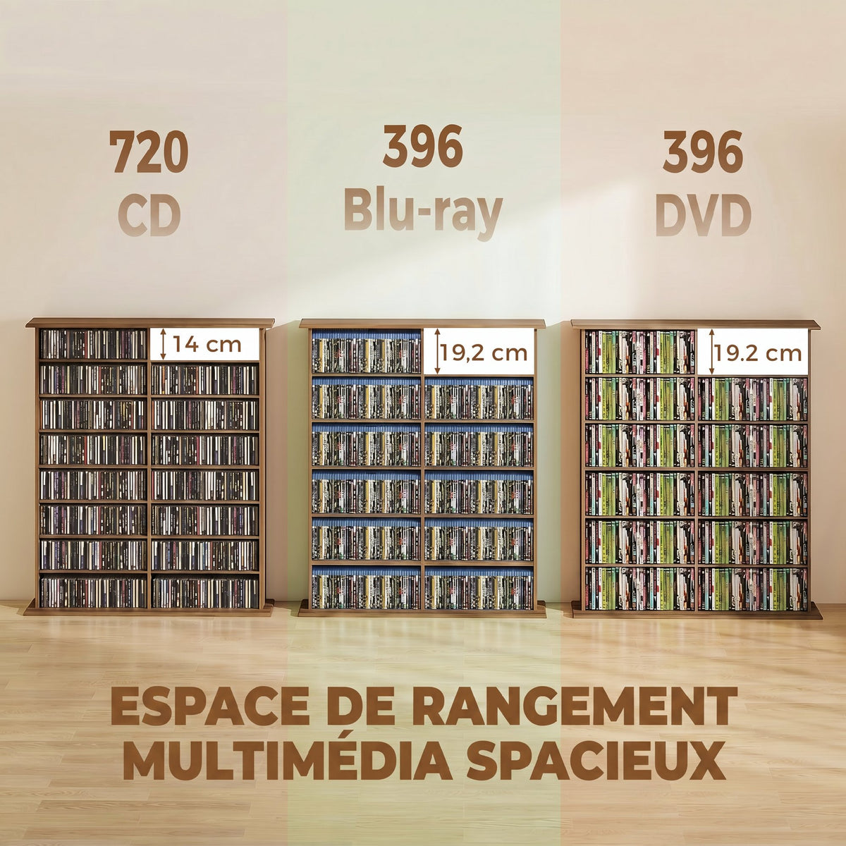Rangements pour CD et DVD avec 16 compartiments et 12 étagères réglables capacité max. 720 CD/396 DVD et Blu-ray noyer