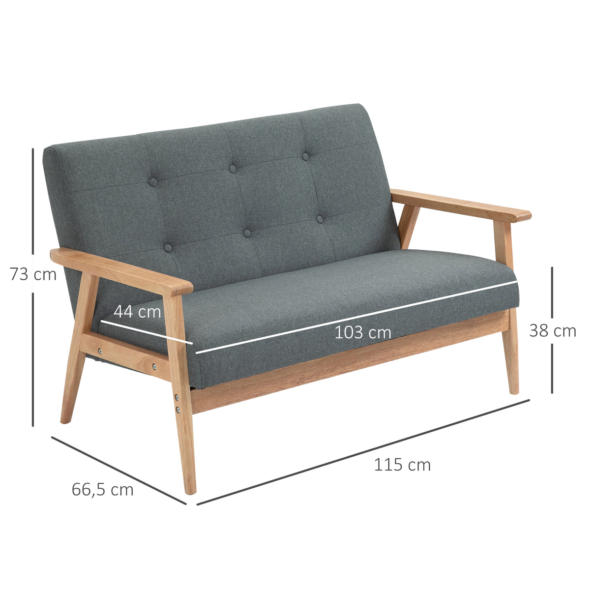 Canapé 2 places style scandinave avec accoudoirs, pieds en bois, 115l x 66,5P x 73H cm, gris