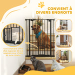 Barrière de sécurité animaux de 104H cm conception haute avec porte chat fermeture automatique système de double verrouillage sans percage de 74 à 80 cm acier noir