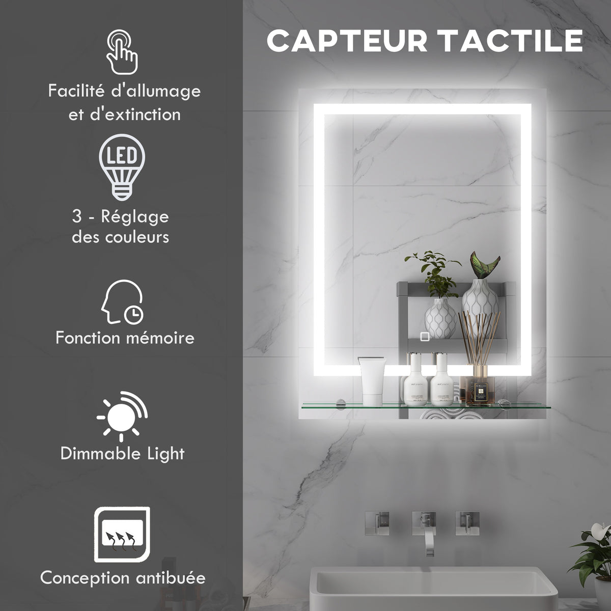Miroir rectangulaire mural lumineux LED de salle de bain 70 x 50 cm