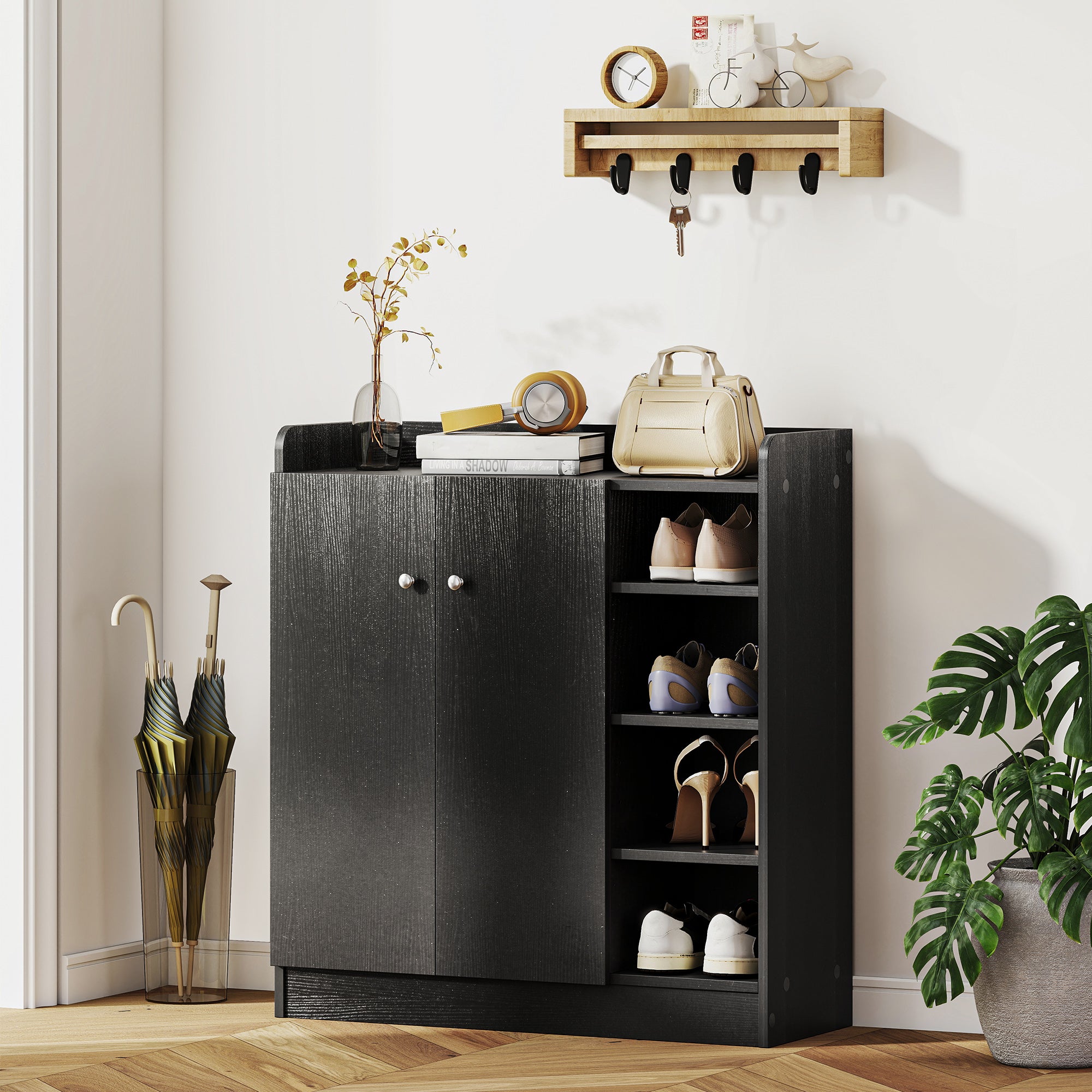 Meuble de rangement à chaussures pour entrée 12 paires - armoire à chaussures avec 4 compartiments ouverts- noir