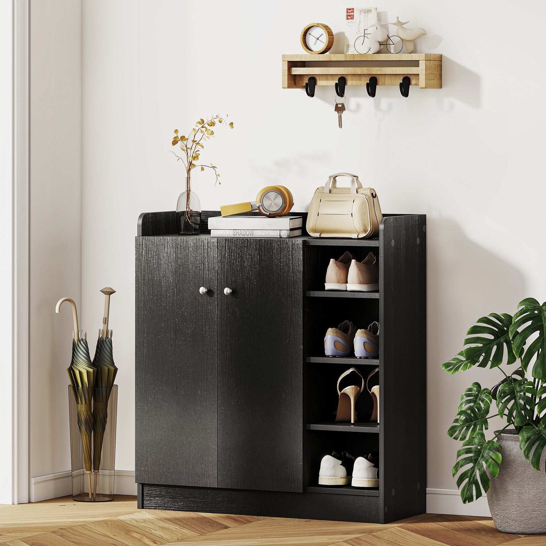 Meuble de rangement à chaussures pour entrée 12 paires - armoire à chaussures avec 4 compartiments ouverts- noir