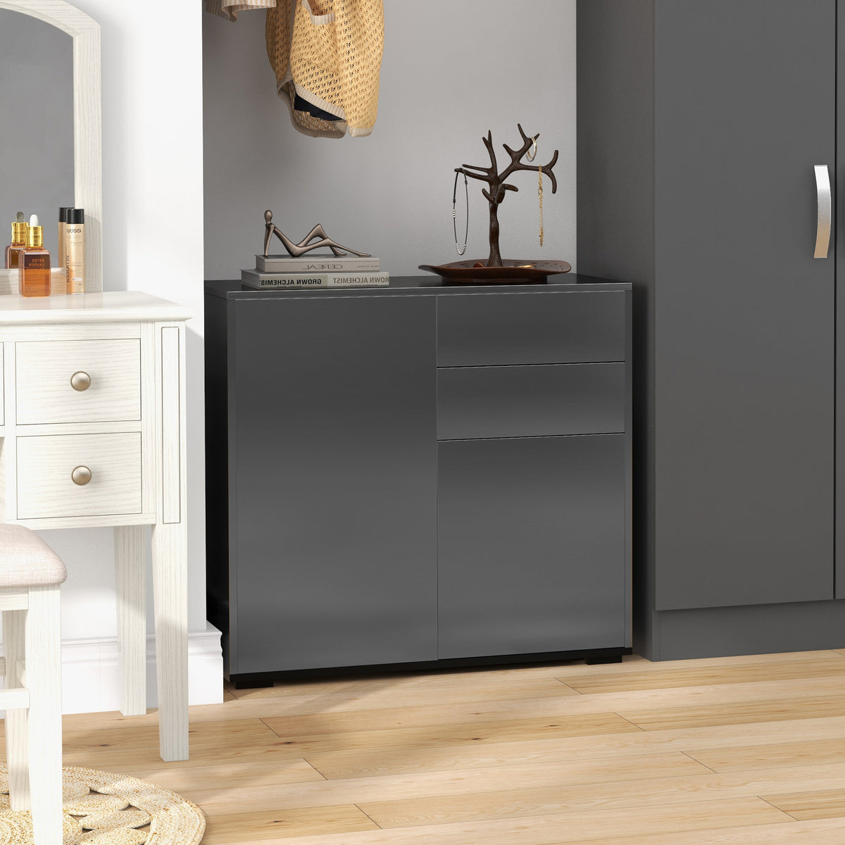 Commode Buffet Meuble de Rangement 2 tiroirs 2 Portes avec étagère 79 x 36 x 74 cm noir brillant