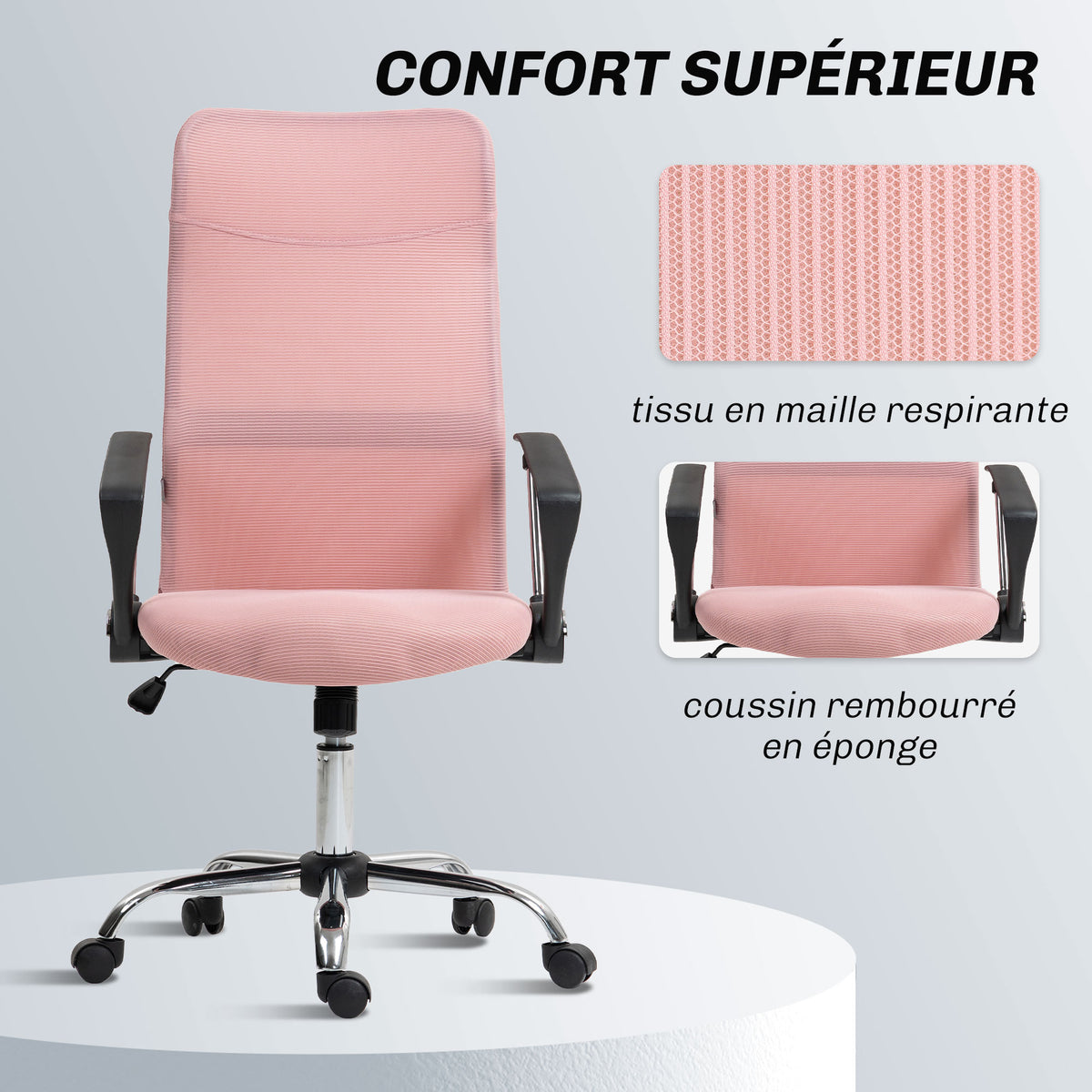 Fauteuil de bureau manager dossier ergonomique hauteur assise réglable pivotant tissu maille 63x65x119109-119cm rose