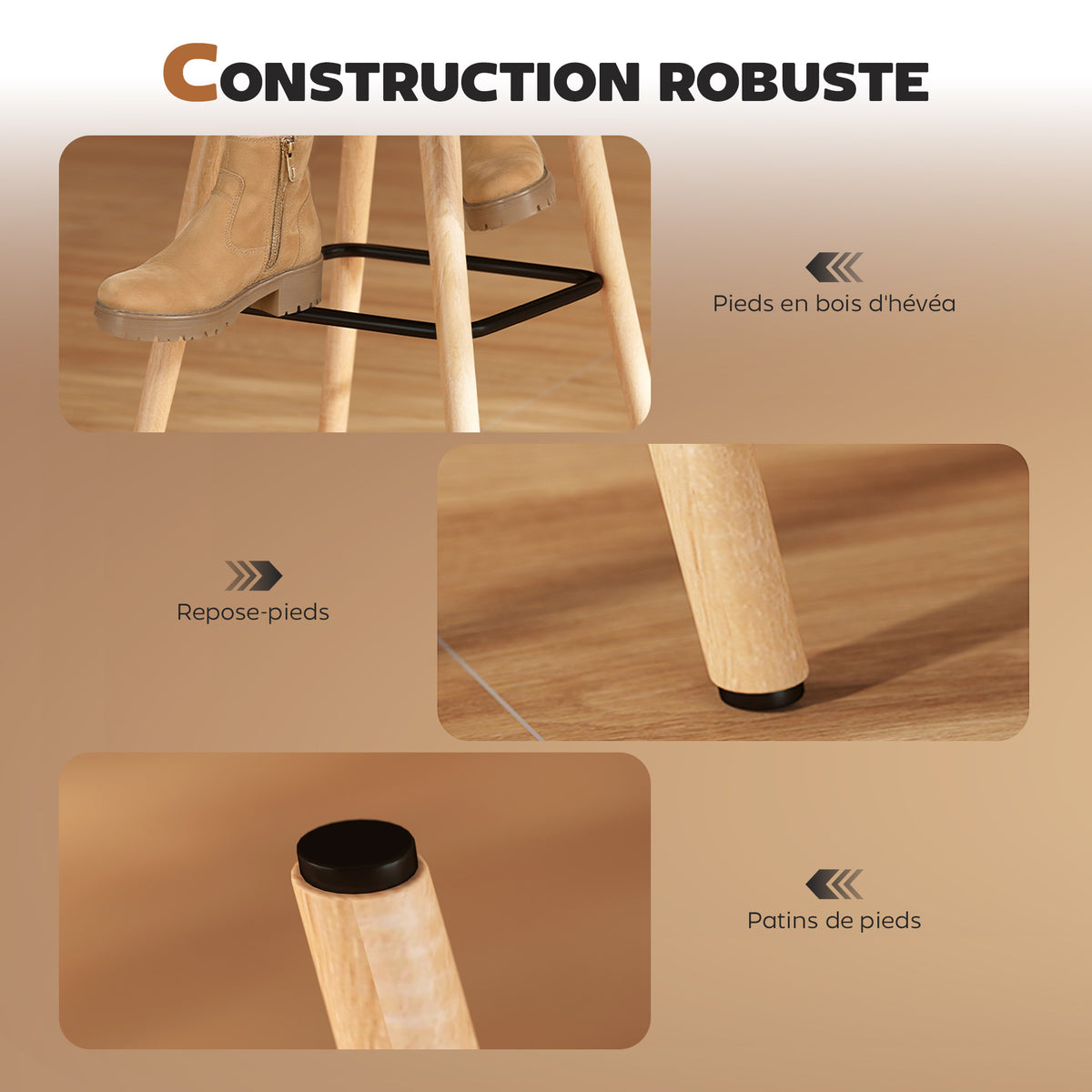 2er-Set Barhocker, gepolsterte Barstühle mit Rückenlehne und Fußstütze, Holzbeine, 41,5x47x97,5 cm, Grau