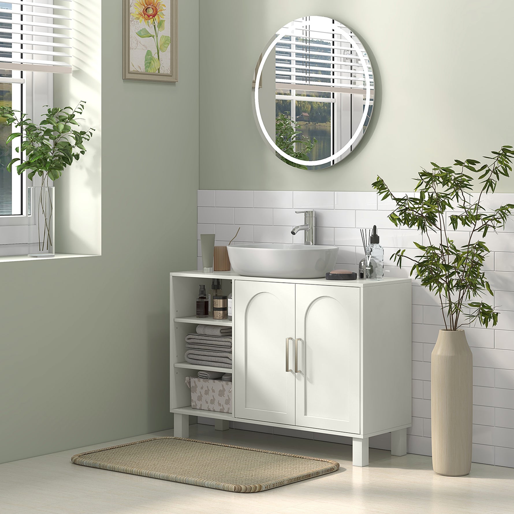 Meuble sous lavabo meuble de salle de bain avec placard à deux niveaux étagères réglables 90l x 30P x 63H cm crème