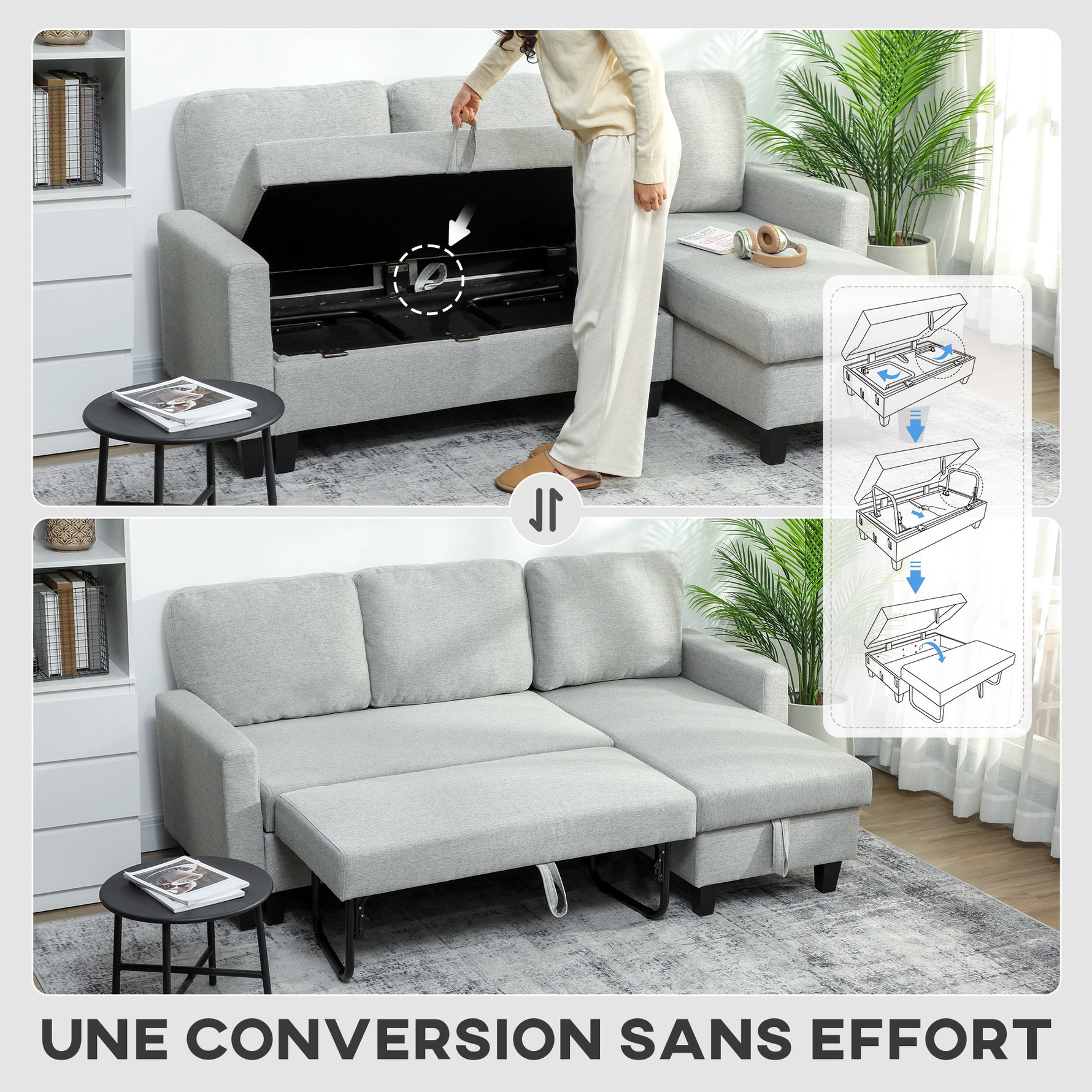 Canapé d'angle convertible réversible, canapé-lit 3 places, méridienne, coffre de rangement, 197lx129x 85cm, gris clair