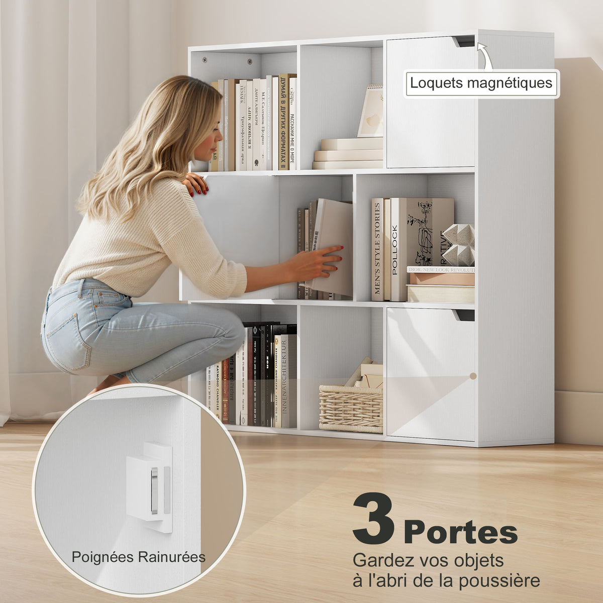 Bibliothèque étagère de rangement 9 cubes avec 3 portes et 6 compartiments ouverts, 106 x 24 x 95 cm, blanc