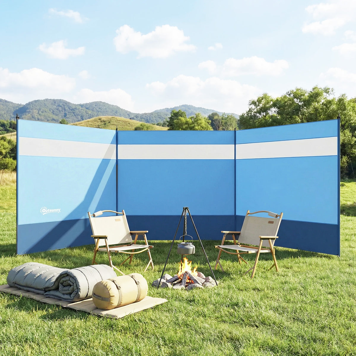 Paravent brise-vent de camping portable pliable avec sac de transport et poteaux en acier dim. 440 cm x 140 cm bleu
