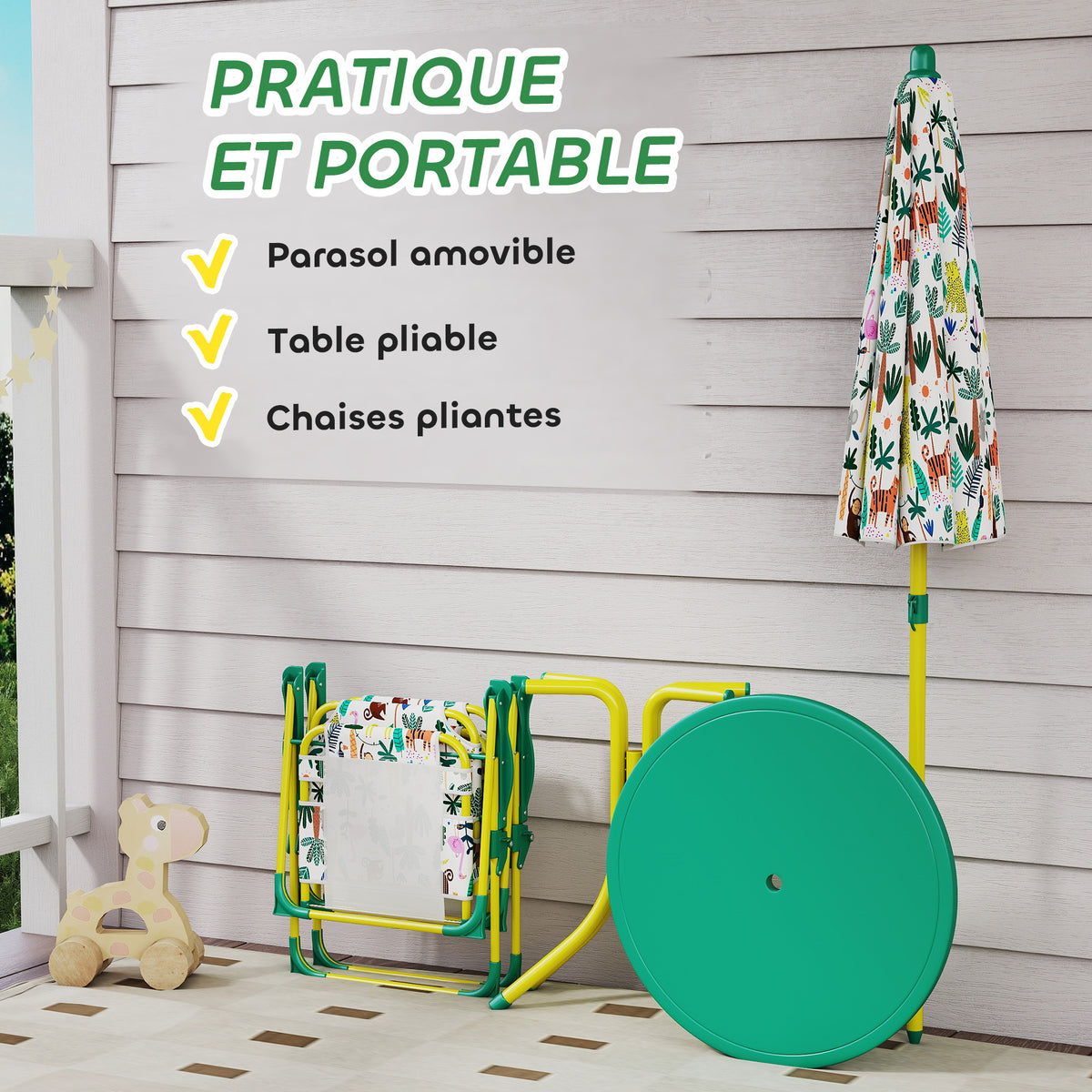 Children's Outdoor Patio Set with 2 Folding Chairs and Parasol, Jungle Theme, for Garden, Terrace, Green