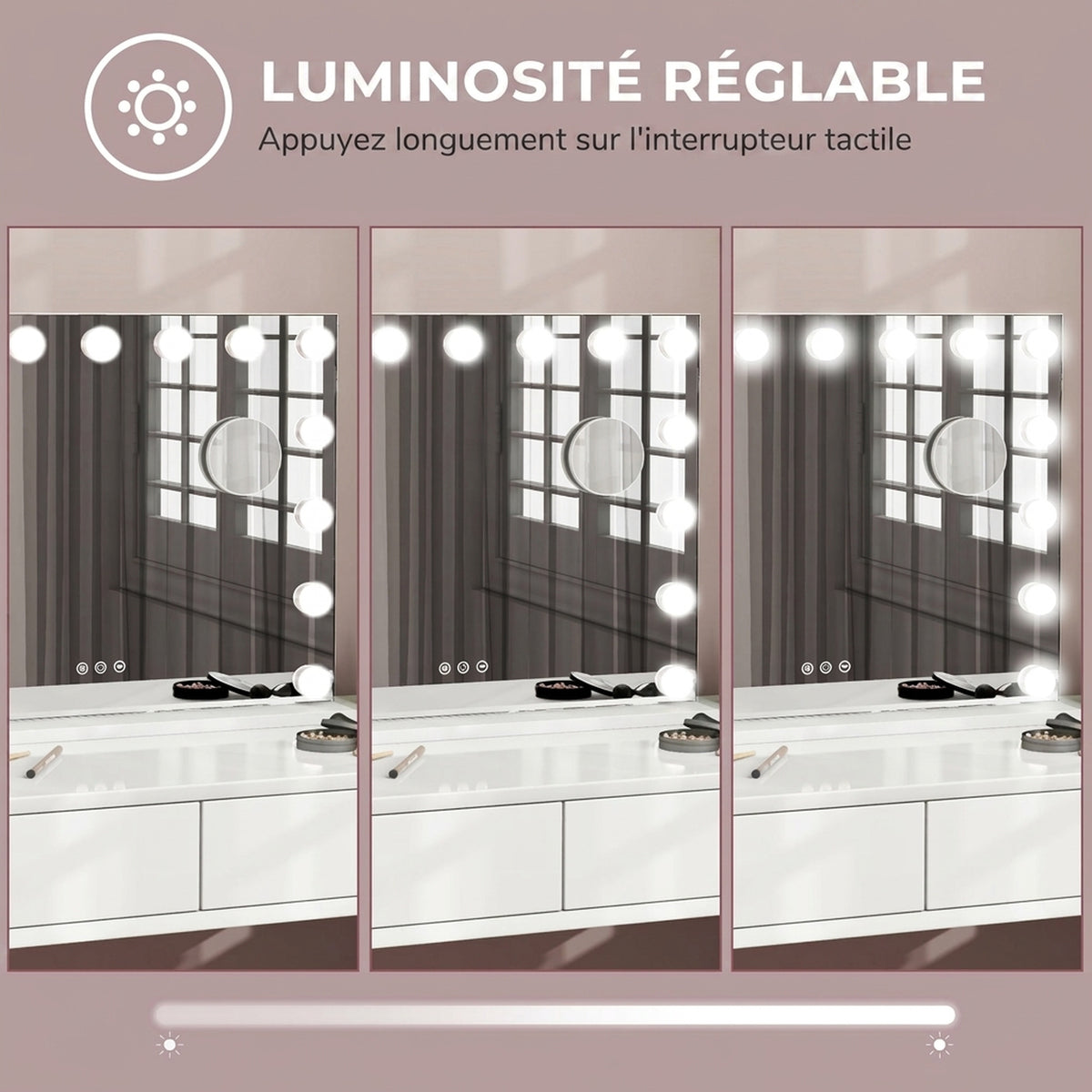 Miroir Maquillage Hollywood 58 x 48 cm, Miroir Coiffeuse LED, 15 Ampoules, 3 Modes d'Éclairage, Port USB de Charge