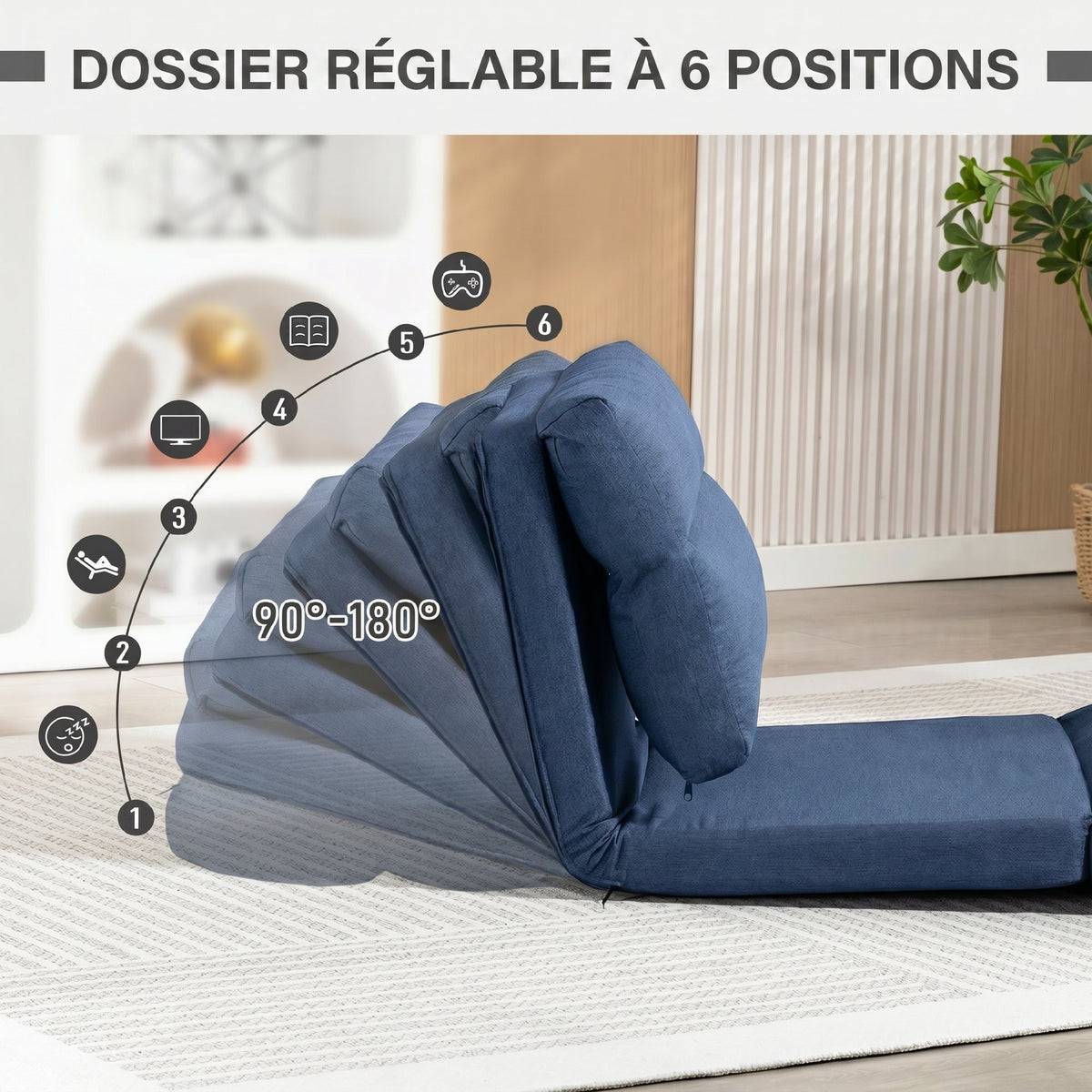 Fauteuil de sol canapé paresseux fauteuil convertible en lit inclinable 90° à 180° tissu - 70 x 72 x 56 cm - bleu foncé