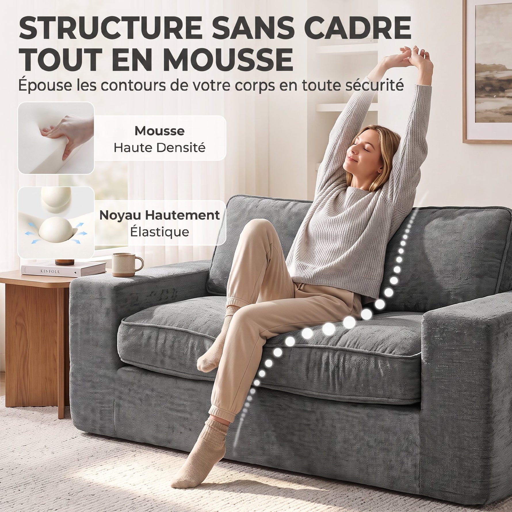Canapé 2 Places en Chenille, Canapé de Salon 156 cm, Assise et Accoudoirs Larges Rembourrées, 2 Oreillers, Gris