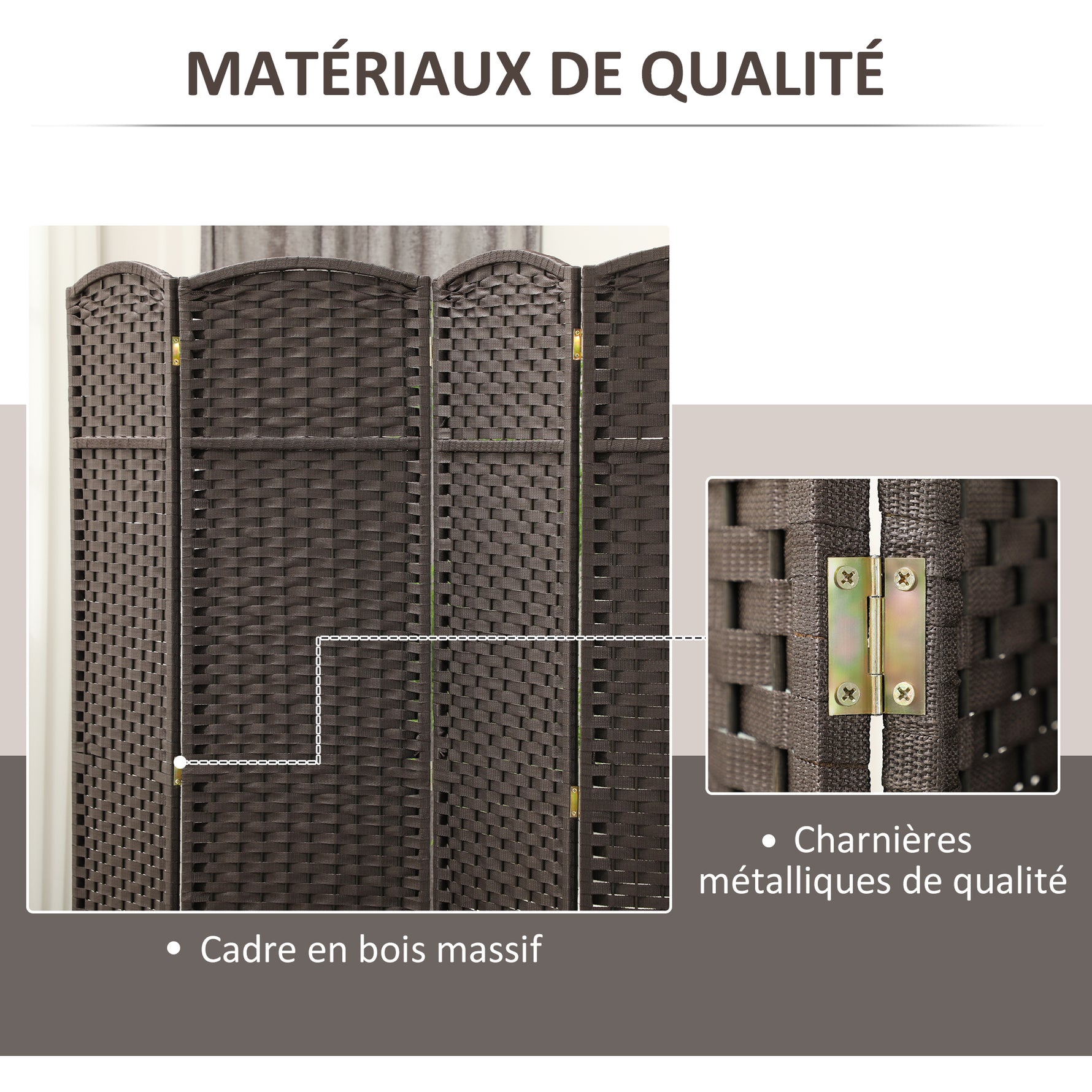 Paravent interieur en bois 4 panneaux 160 x 170 cm séparateur de pièce pliable pour salon, chambre à coucher, marron