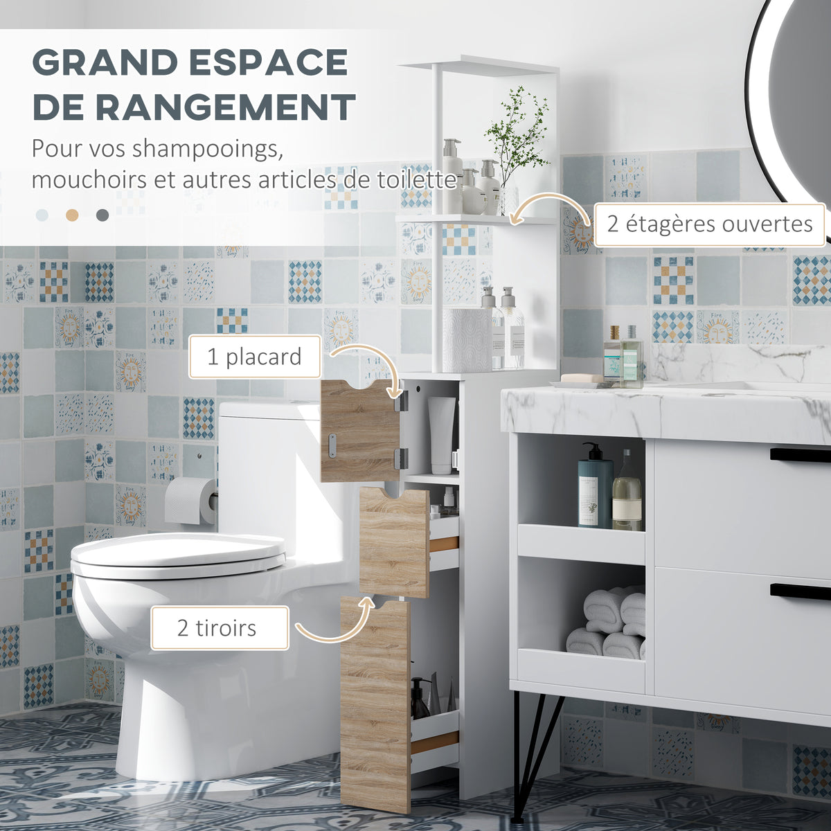 Meuble colonne salle de bain armoire de salle de bain avec tiroirs étagères ouvertes placard 15 x 33 x 136,8 cm blanc