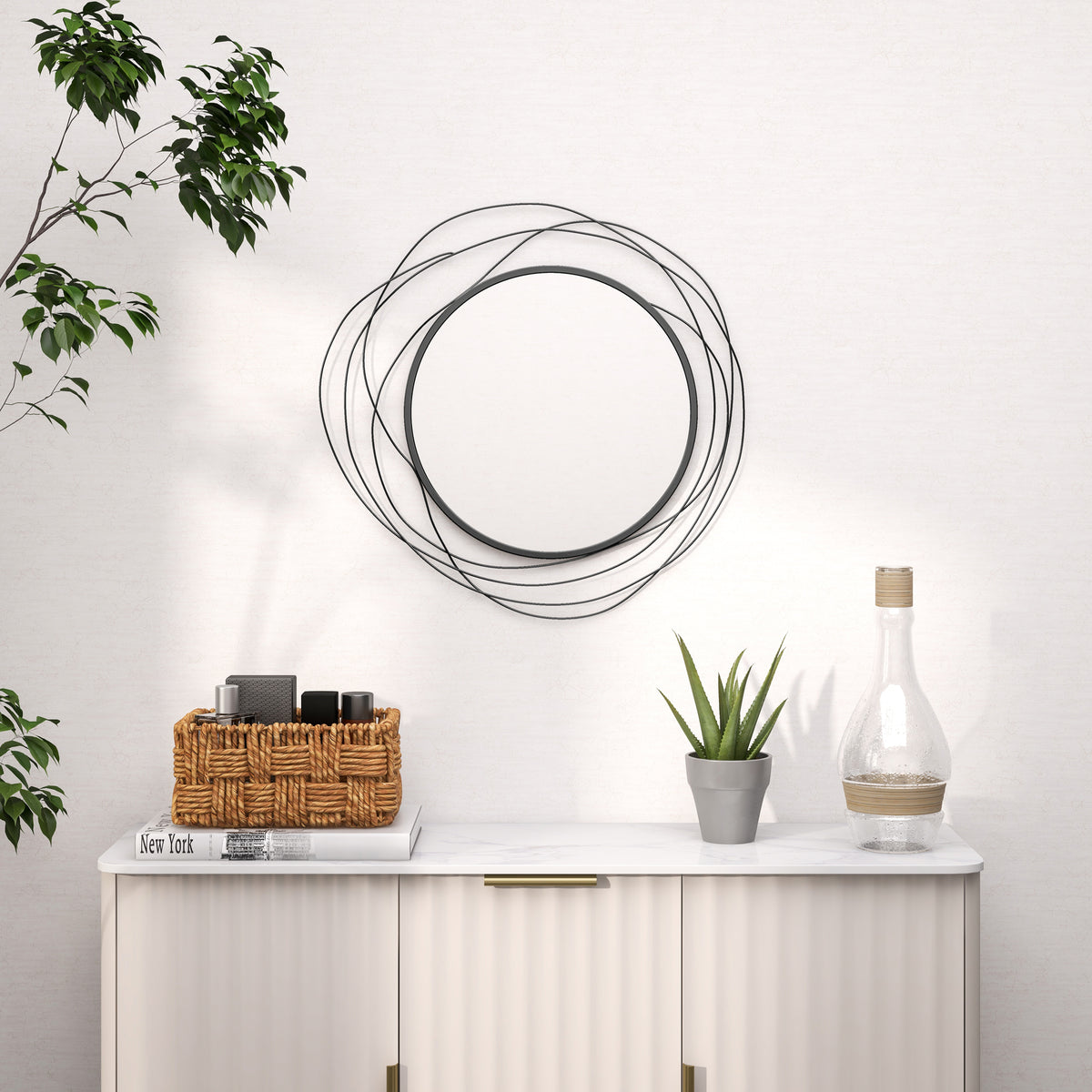 Espejo redondo de metal con perfil negro, decoración de estilo moderno, diámetro Φ65 cm