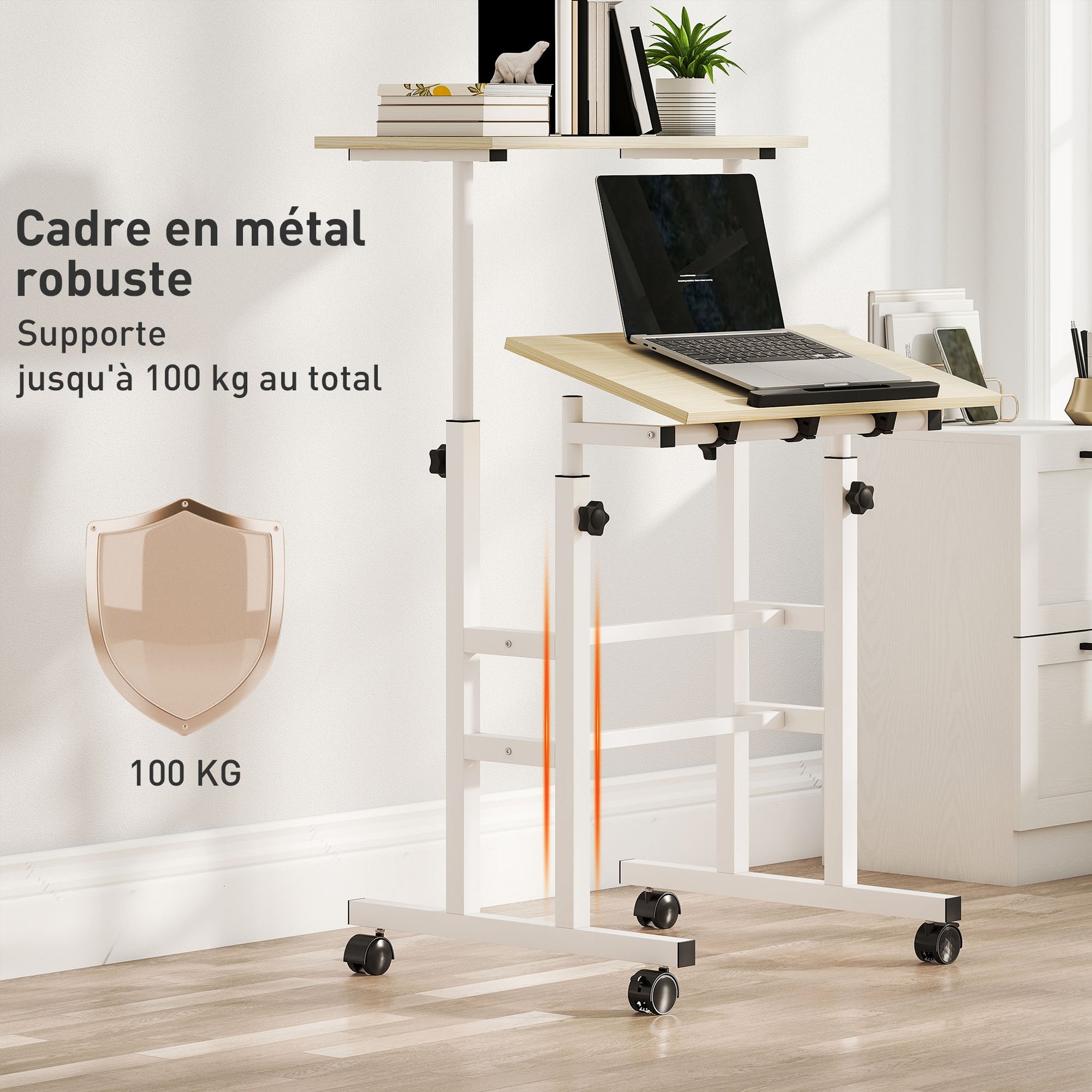 Bureau assis debout bureau réglable en hauteur 60 x 60 cm à roulettes avec plateau inclinable cadre en métal naturel