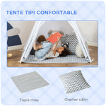 Tente Teepee Indien Tente de jeu pour Enfant Style Graphique - dim. 1,2L x 1,2I x 1,55H m - Porte refermable Fenêtre Tapis Coussin Sac Transport Inclus - à l'Intérieur à l'Extérieur Gris Blanc