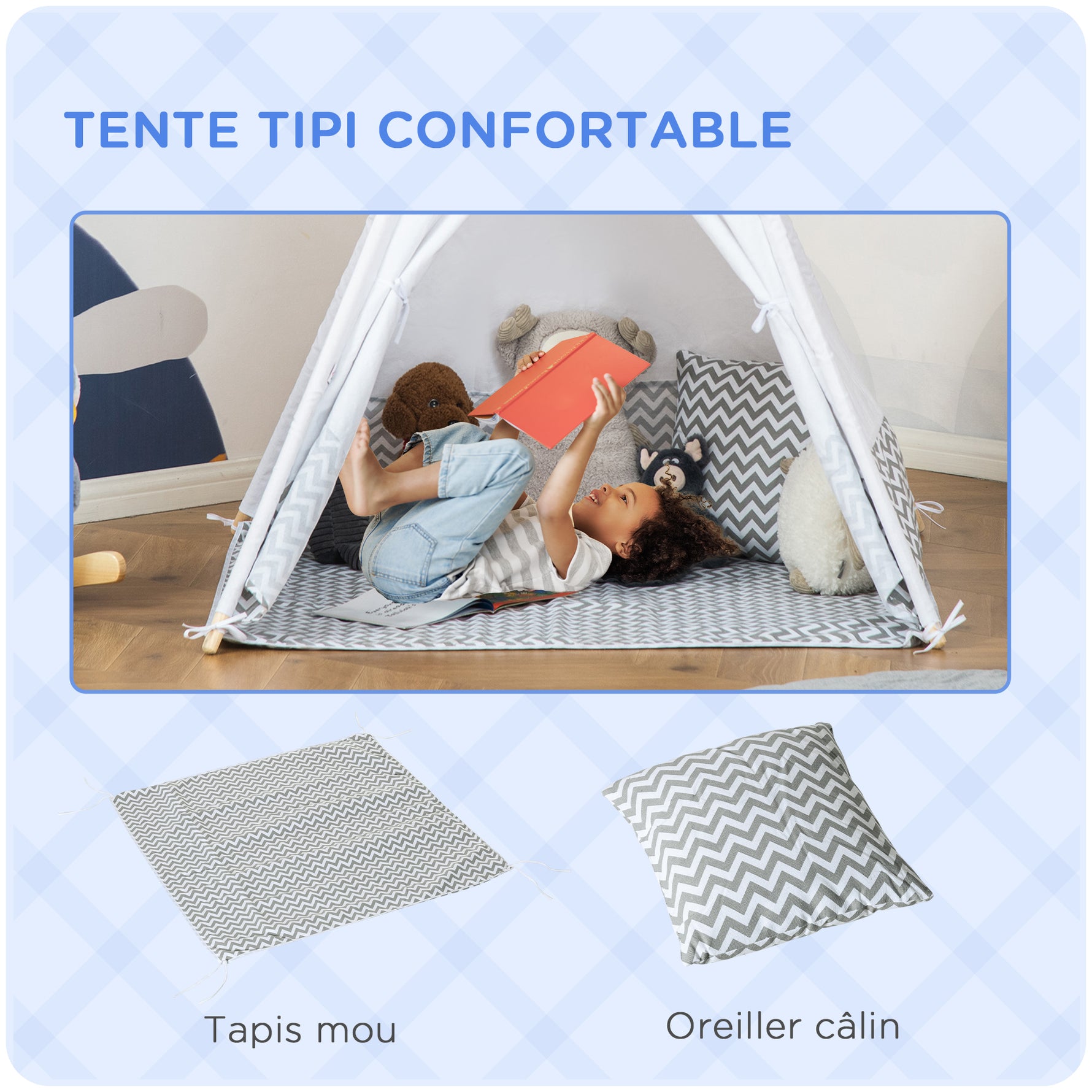 Tente Teepee Indien Tente de jeu pour Enfant Style Graphique - dim. 1,2L x 1,2I x 1,55H m - Porte refermable Fenêtre Tapis Coussin Sac Transport Inclus - à l'Intérieur à l'Extérieur Gris Blanc