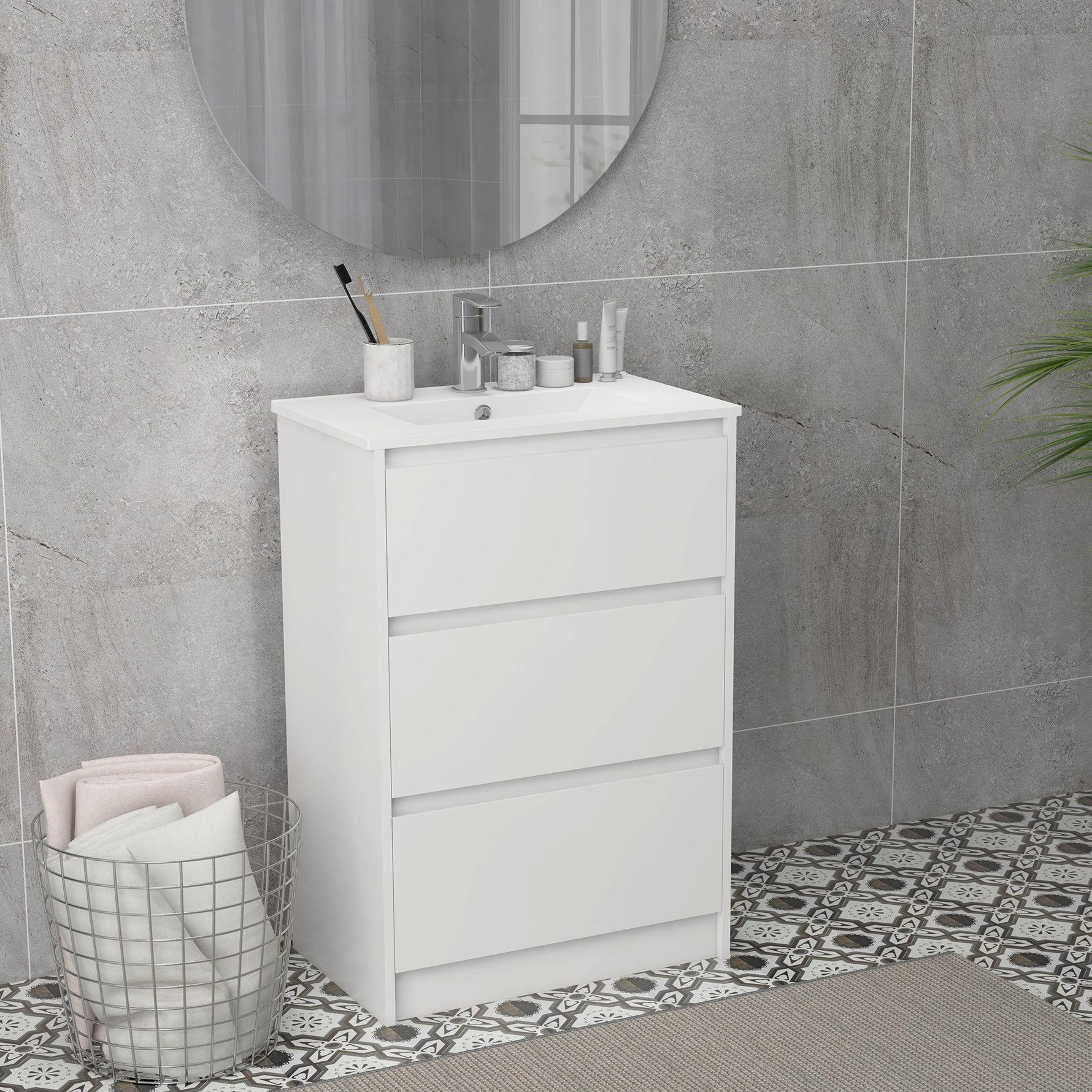 Meuble de salle de bain avec 2 tiroirs et vasque en céramique de synthèse 61 x 37 x 88 cm blanc brillant laqué