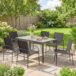 Salon de Jardin Extérieur pour 6 Personnes, Table de Patio Effet Bois et Chaises avec Assise en Maille Respirante, Cadre en Acier Galvanisé, Noir