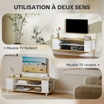 Meuble TV avec roulettes 120 cm, meuble télé pour téléviseur jusqu'à 55 pouces, 2 étagères ouvertes, blanc et naturel