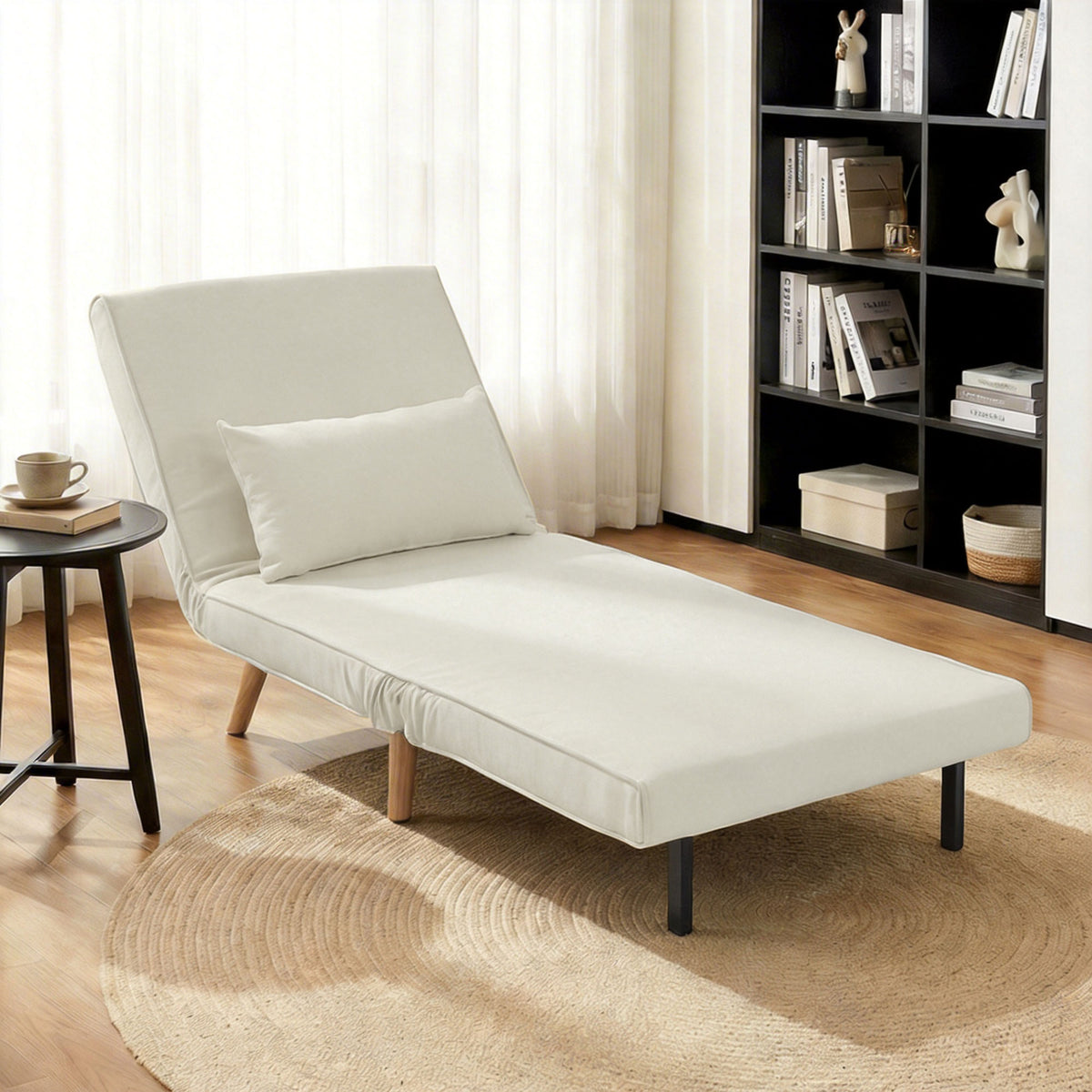 3-in-1 slaapfauteuil, eenpersoons slaapstoel, 5-standen rugleuning, van stof met kussen, crème