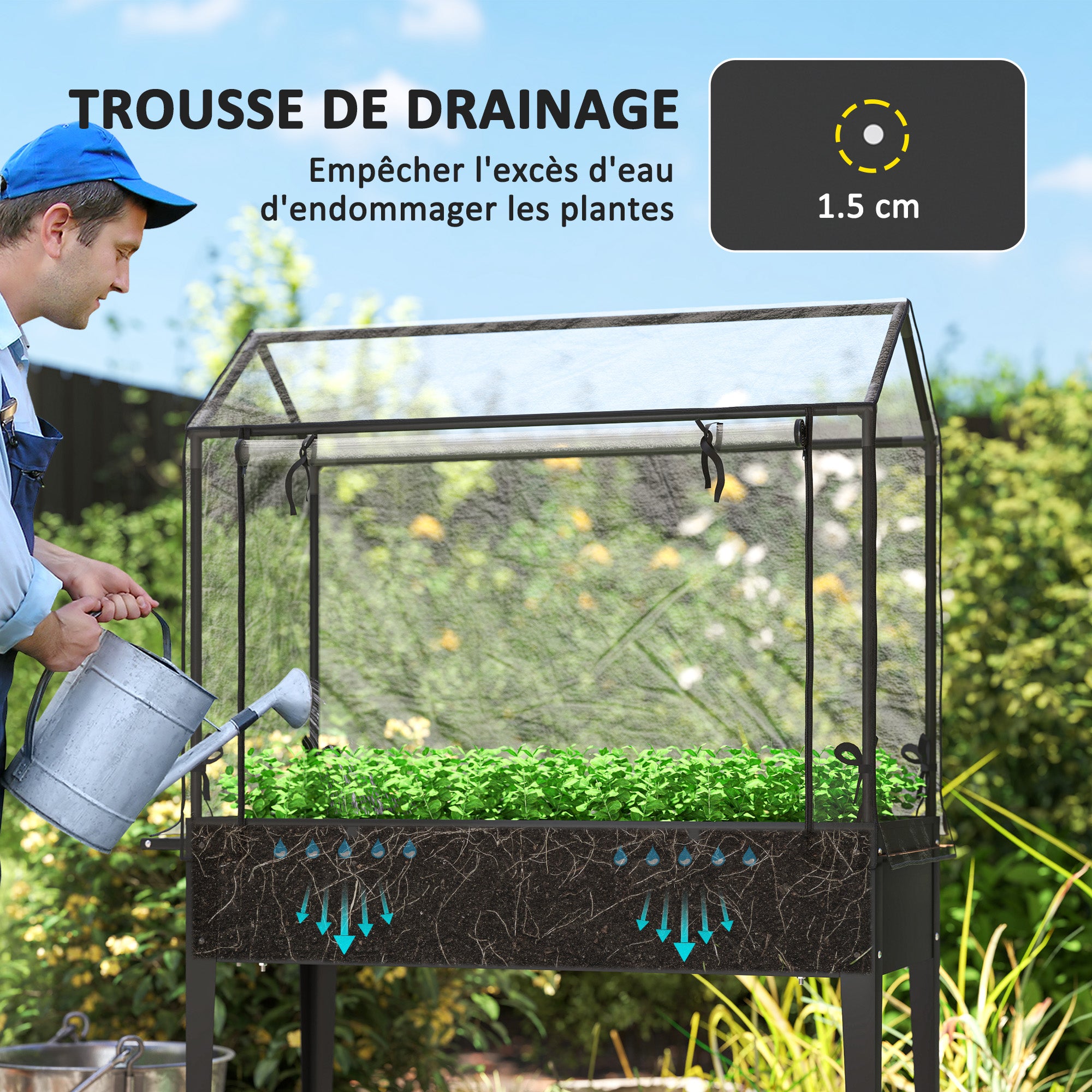 Carré potager sur pieds avec bâche en PVC jardinière surélevée avec roues trou de drainage 100 x 45 x 152 cm noir