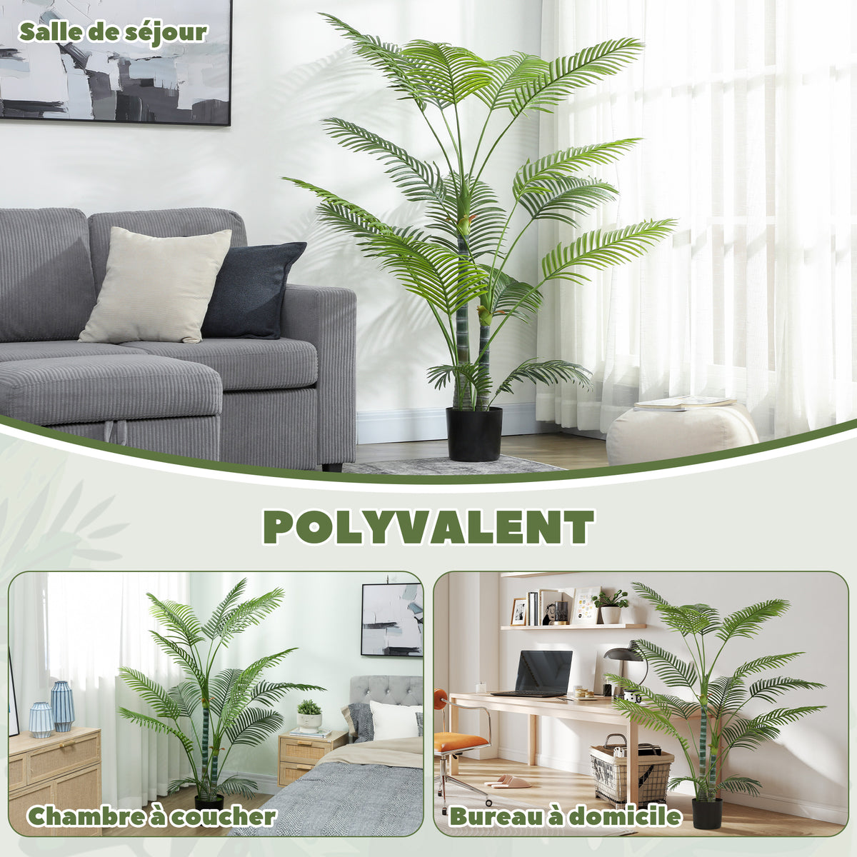 Plante artificielle intérieure 170 cm, palmier arbre artificiel avec pot en plastique et flocage, vert