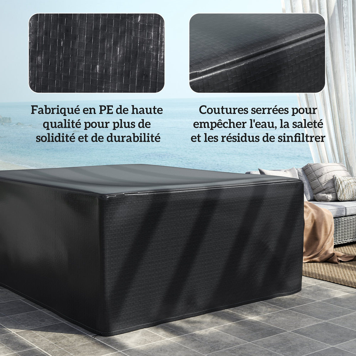 Housse salon de jardin extérieure bâche de protection extérieure anti-UV  en polyéthylène 235 x 190 x 90 cm noir