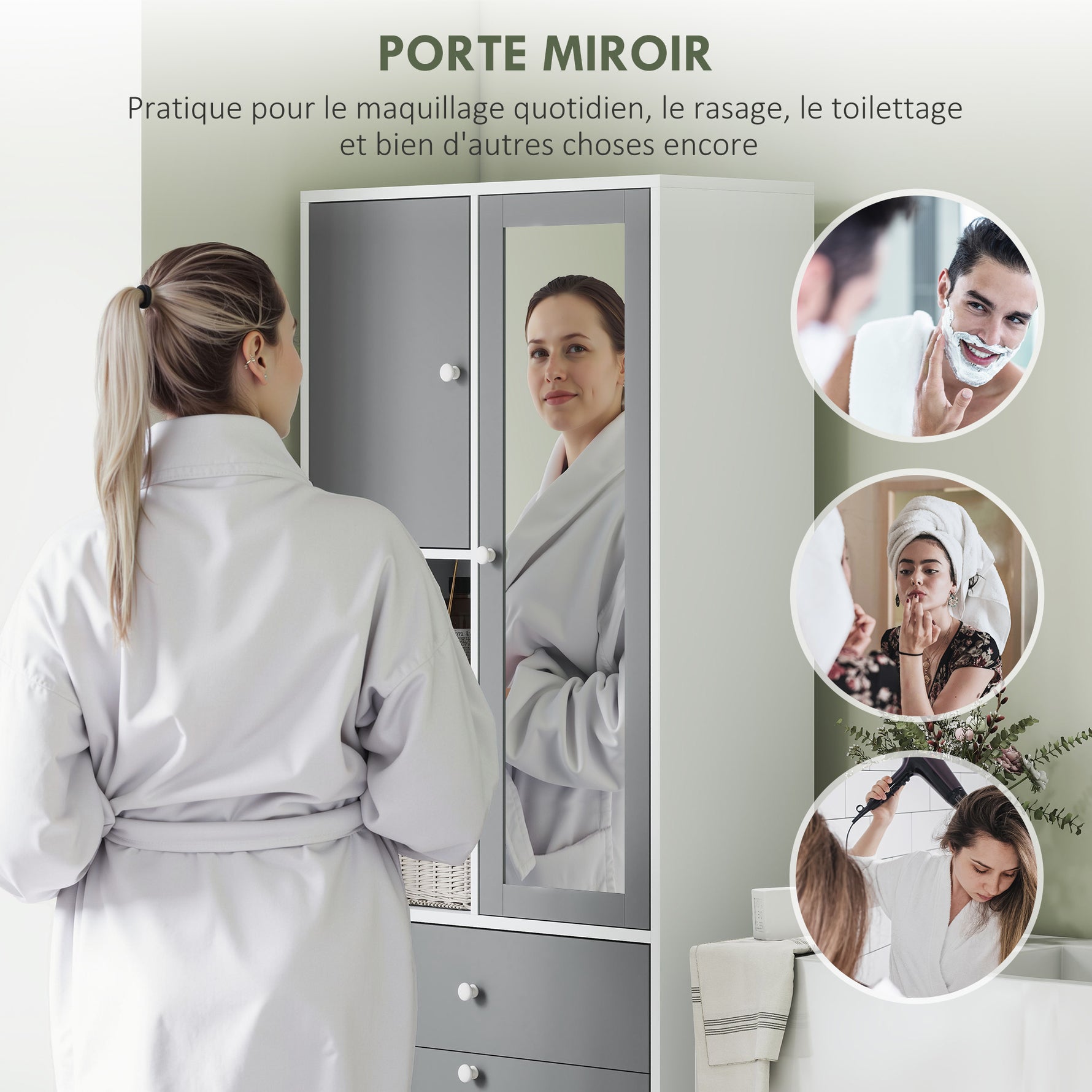 Meuble de salle de bain avec panier à linge et miroir étagère réglable 62 x 28,3 x 181 cm gris et blanc