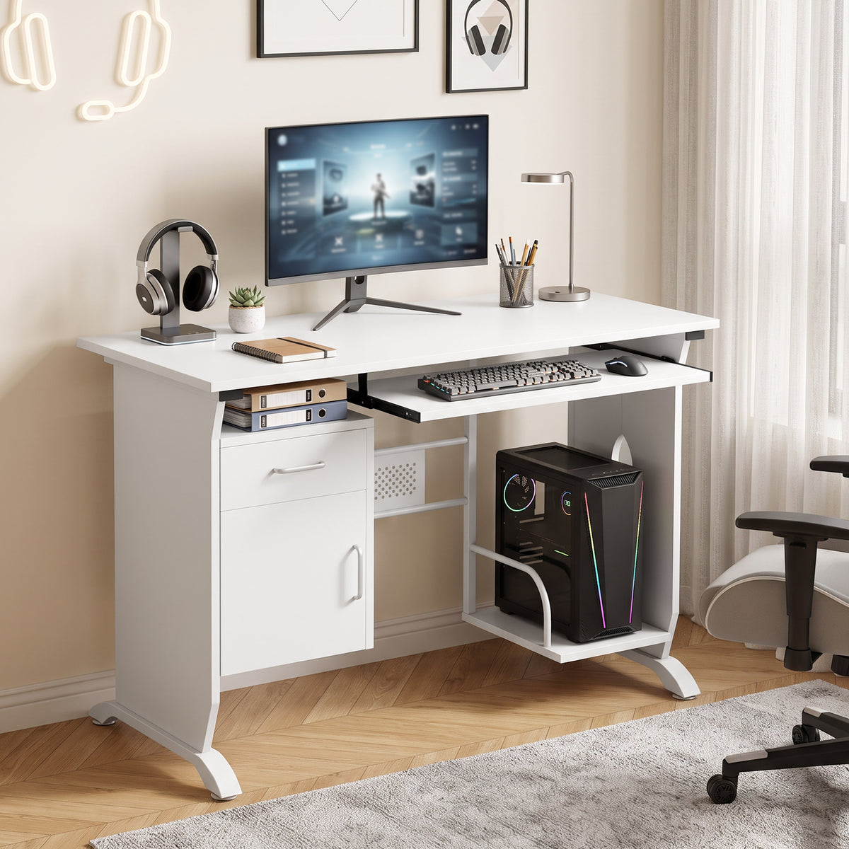 Bureau d'ordinateur, 100 x 52 x 75 cm, tablette coulissante pour clavier, tiroirs et support d'unité centrale, blanc