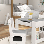 Ensemble 3 pièces table et 2 chaises pour enfant avec plateau réversible tableau noir, panier de rangement, étagères