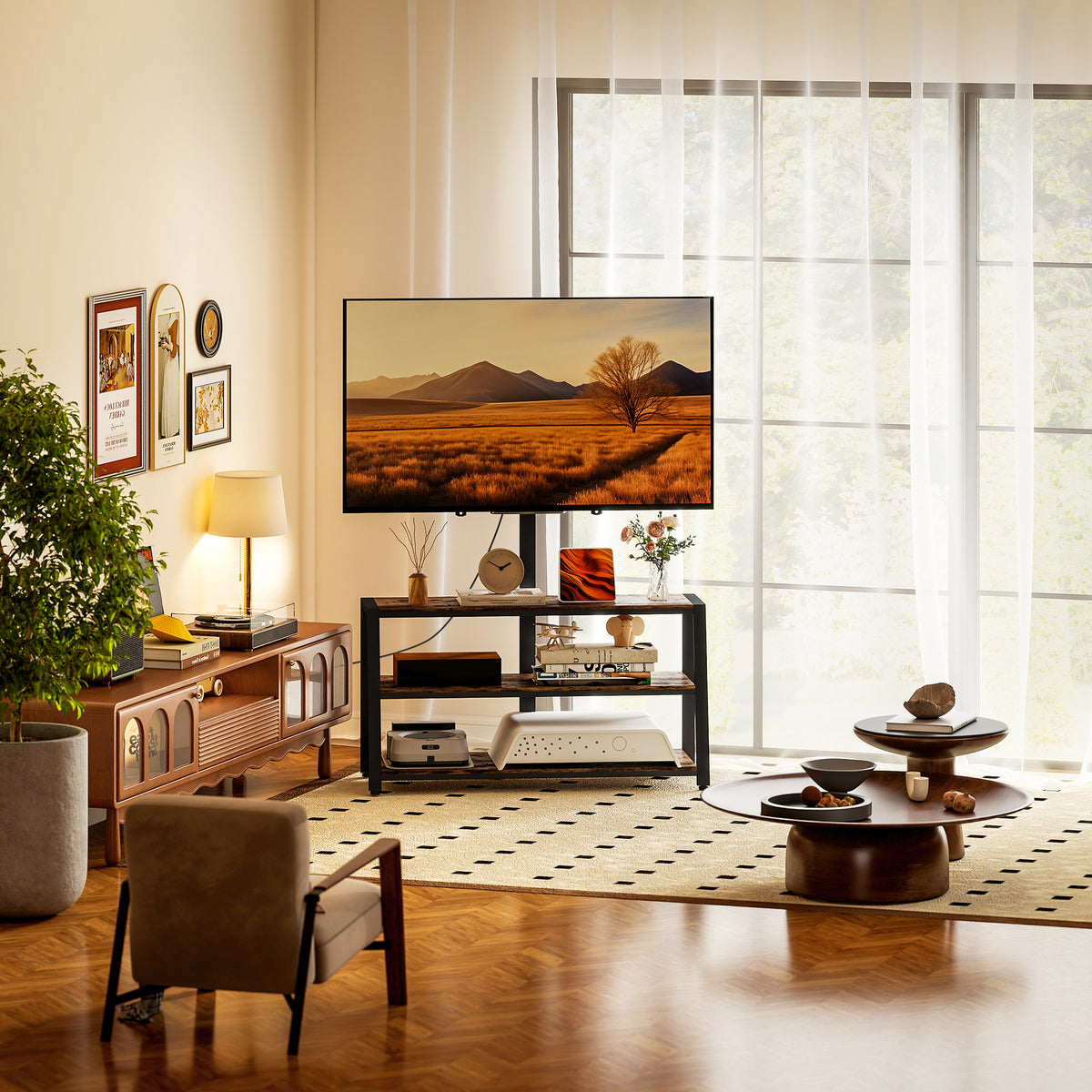 Meuble TV avec support pour téléviseurs de 32-70 pouces, étagères ouvertes, angle ajustable 35°, 108x41x135cm, marron