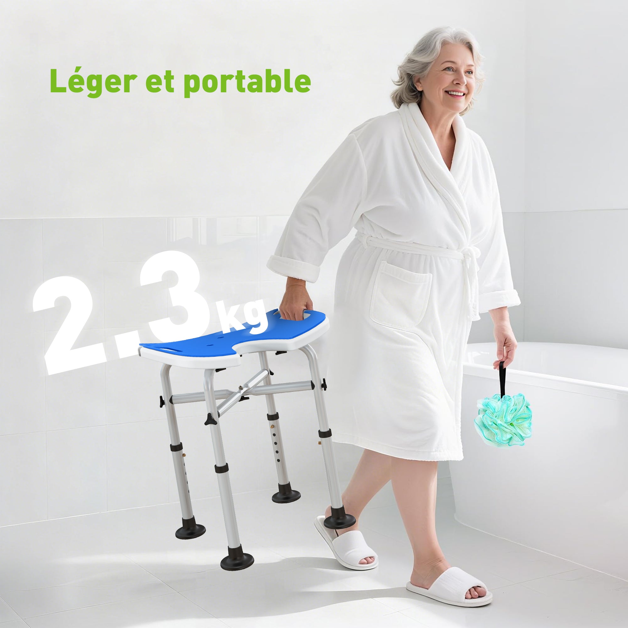 Tabouret de douche siège de douche hauteur ajustable 39-51,5 cm barre d'appui à ventouse patins à ventouse bleu foncé