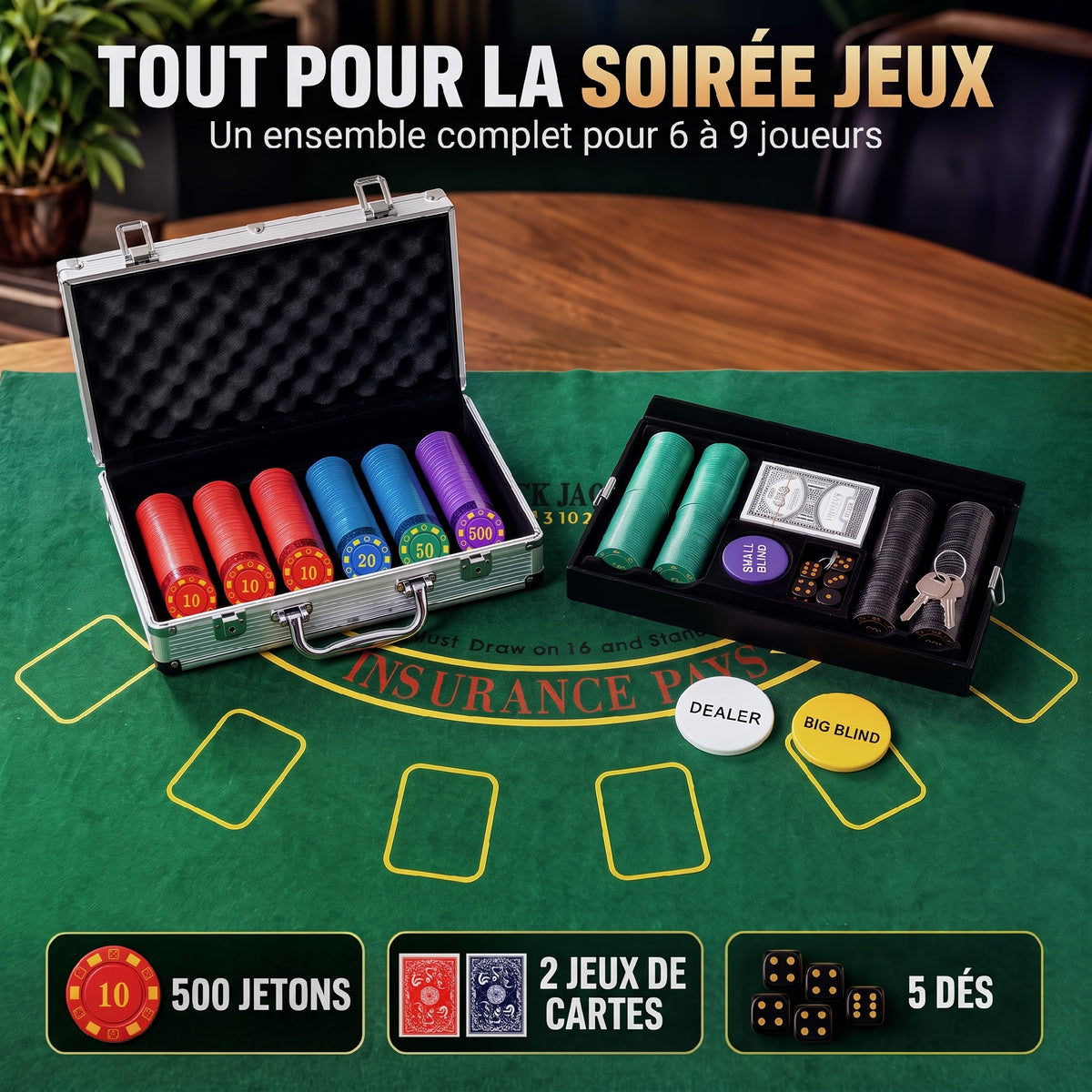 500-Chip Poker Case, 5 Denominations, 2 Decks of Cards, Playing Mat, Dealer Button, Blinds, Aluminum, 31x17x11.5cm, Silver