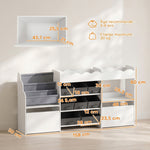 Meuble de rangement jouets enfant avec bibliothèque, 8 bacs en tissu, 2 tiroirs à roulettes et étagères ouvertes, blanc