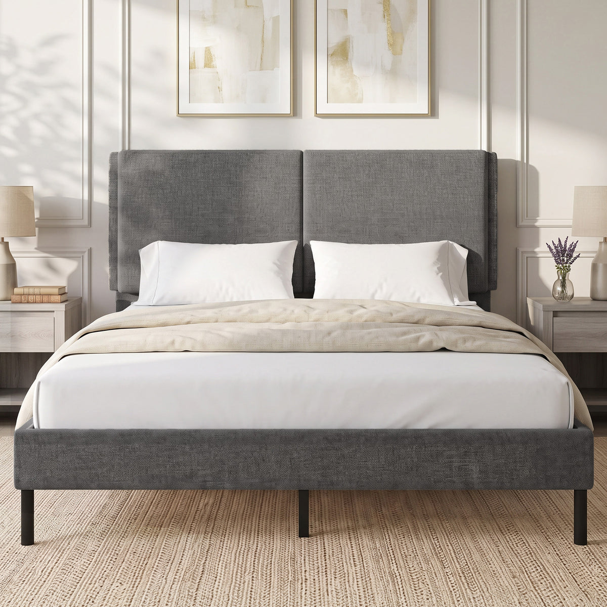 Estructura de cama de 140 x 190 cm con somier y cabecero ajustable, cama doble tapizada en lino, almacenamiento inferior, gris