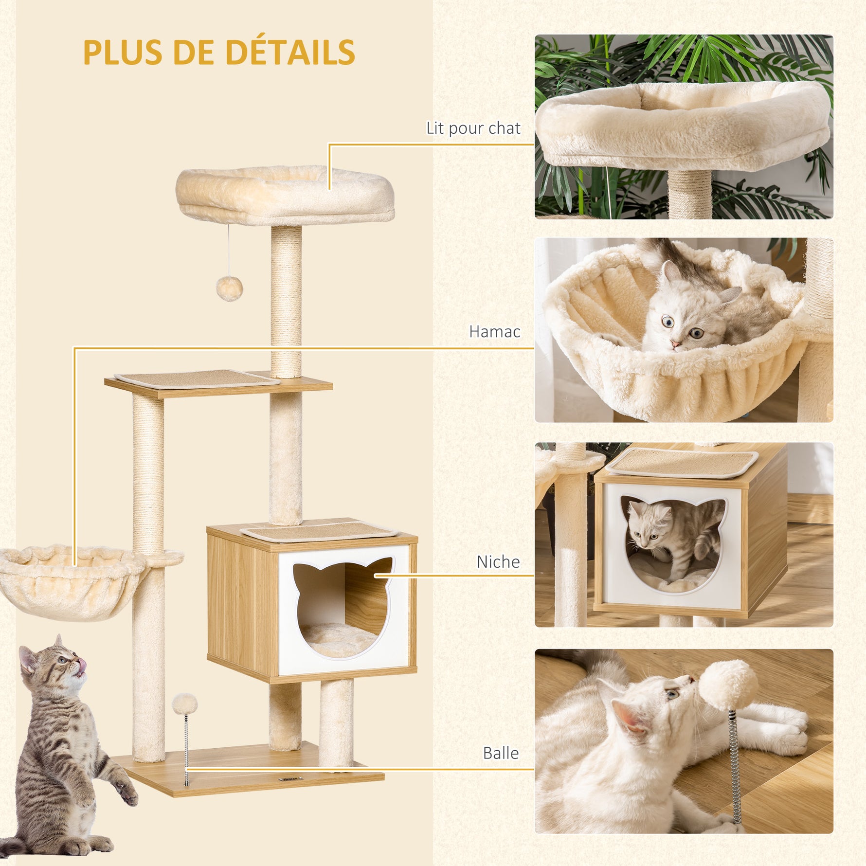 Arbre à chat griffoirs grattoirs multi-équipements niche hamac panier coussins amovibles hauteur 126 cm peluche courte sisal naturel beige