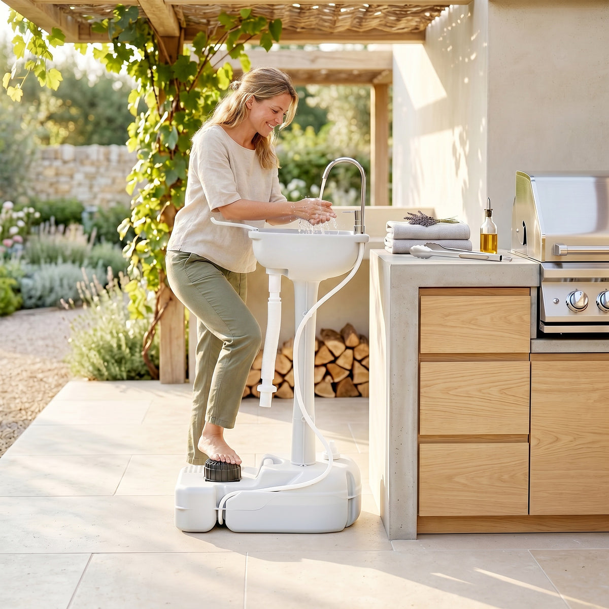 Évier de Camping Portable à Roues, Distributeur de Savon, Eau Froide Uniquement, Réservoir d'Eaux Usées NON Inclus, Gris