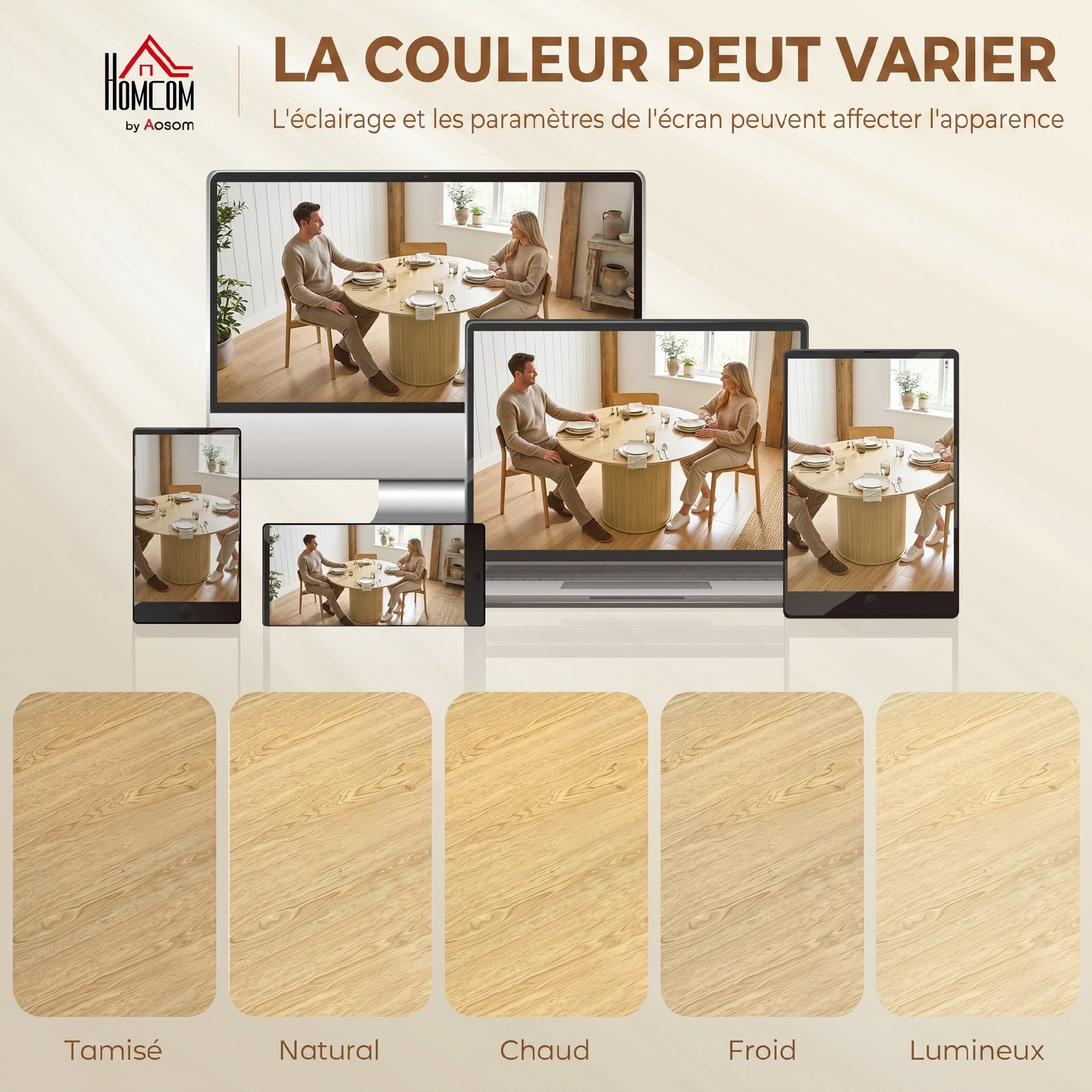 Table à manger ronde pour 4-6 personnes, Ø 120 x 75 cm, table de cuisine avec base cylindrique cannelée, bois naturel