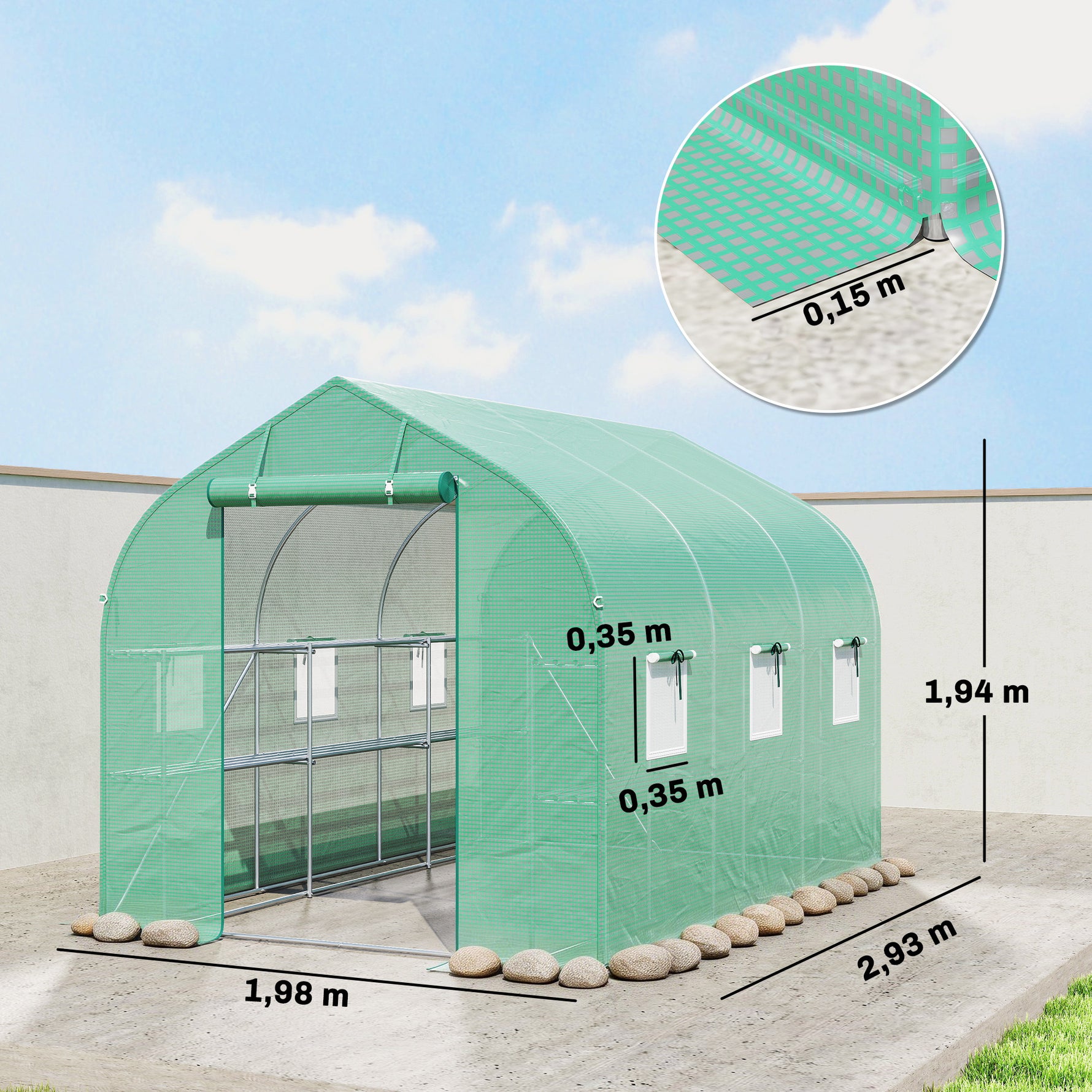 Serre tunnel de jardin 6m², serre de jardin avec étagères, porte et 6 fenêtres, cadre en acier galvanisé, vert