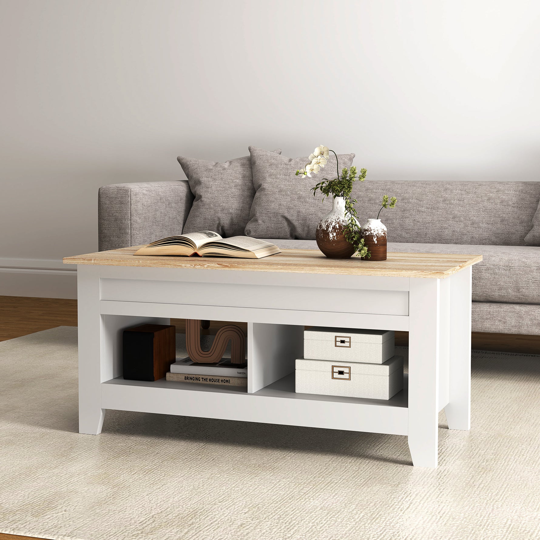 Table basse plateau relevable, table de salon avec étagères et compartiment caché,105 x 50 x 49-62,5 cm blanc