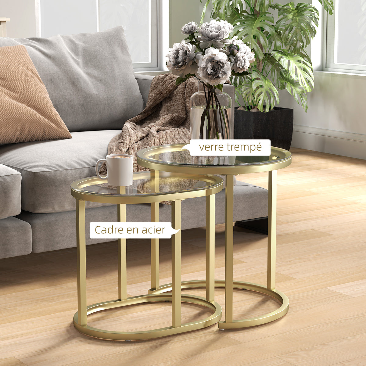 Lot de 2 tables basses tables d'appoint gigognes encastrables structure en acier et plateau verre trempé transparent or