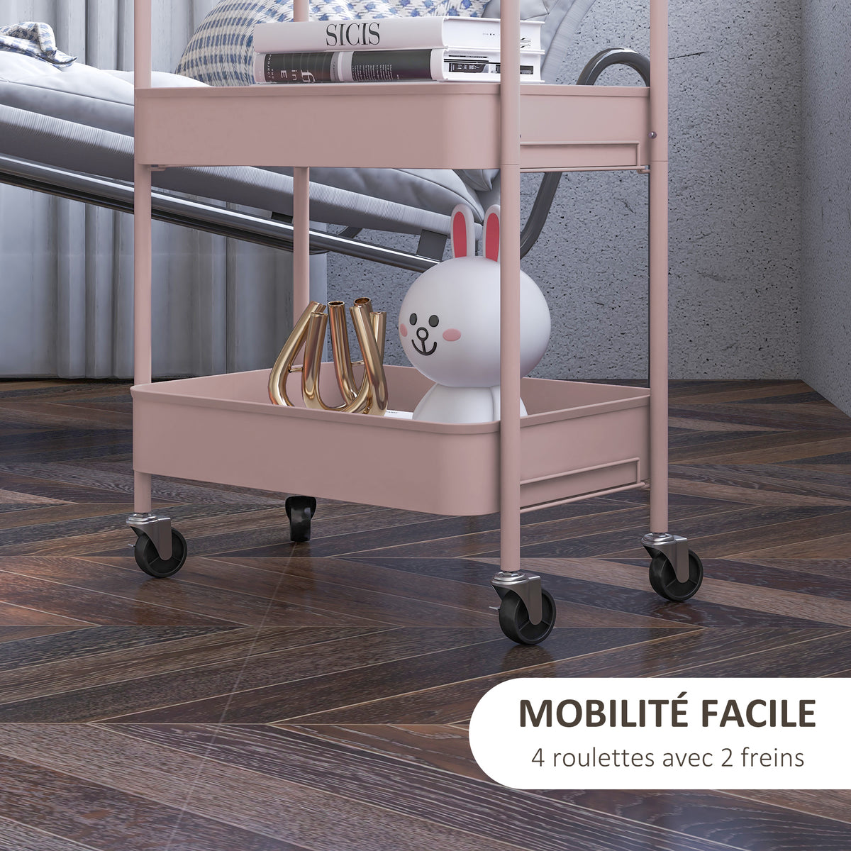 Desserte chariot de rangement en acier chariot de service à roulettes 3 plateaux ajourés 45 x 30,6 x 79 cm rose