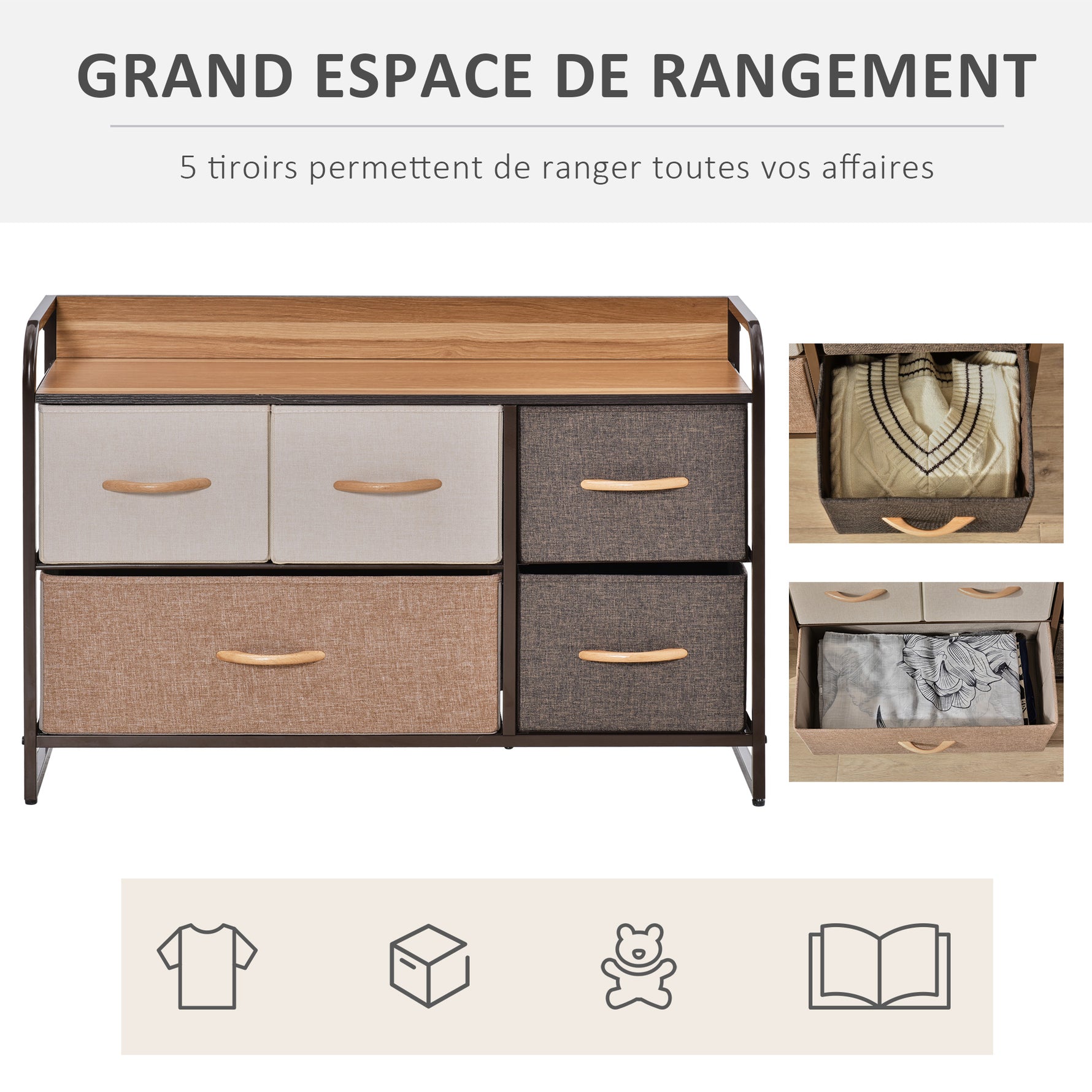 Commode Meuble de Rangement 5 tiroirs en Tissu 87,5 x 29 x 58 cm Marron et Beige