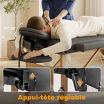 Table de massage pliante, lit de massage 3 zones portable 185 x 60 cm, hauteur et dossier réglables, appui-tête, gris