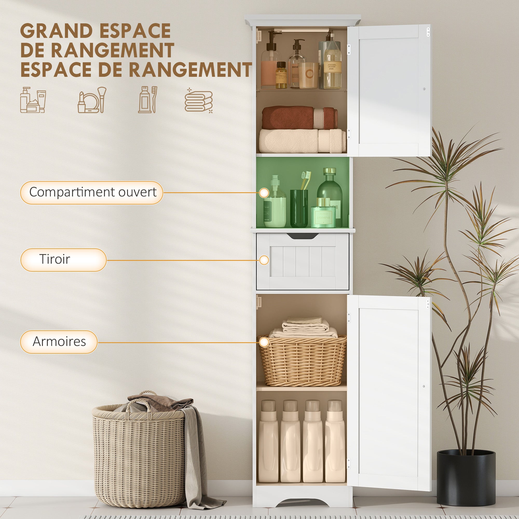 Meuble colonne salle de bain avec éclairage LED, meuble de rangement étroit, tiroir, 2 portes, 40x30x170cm, blanc