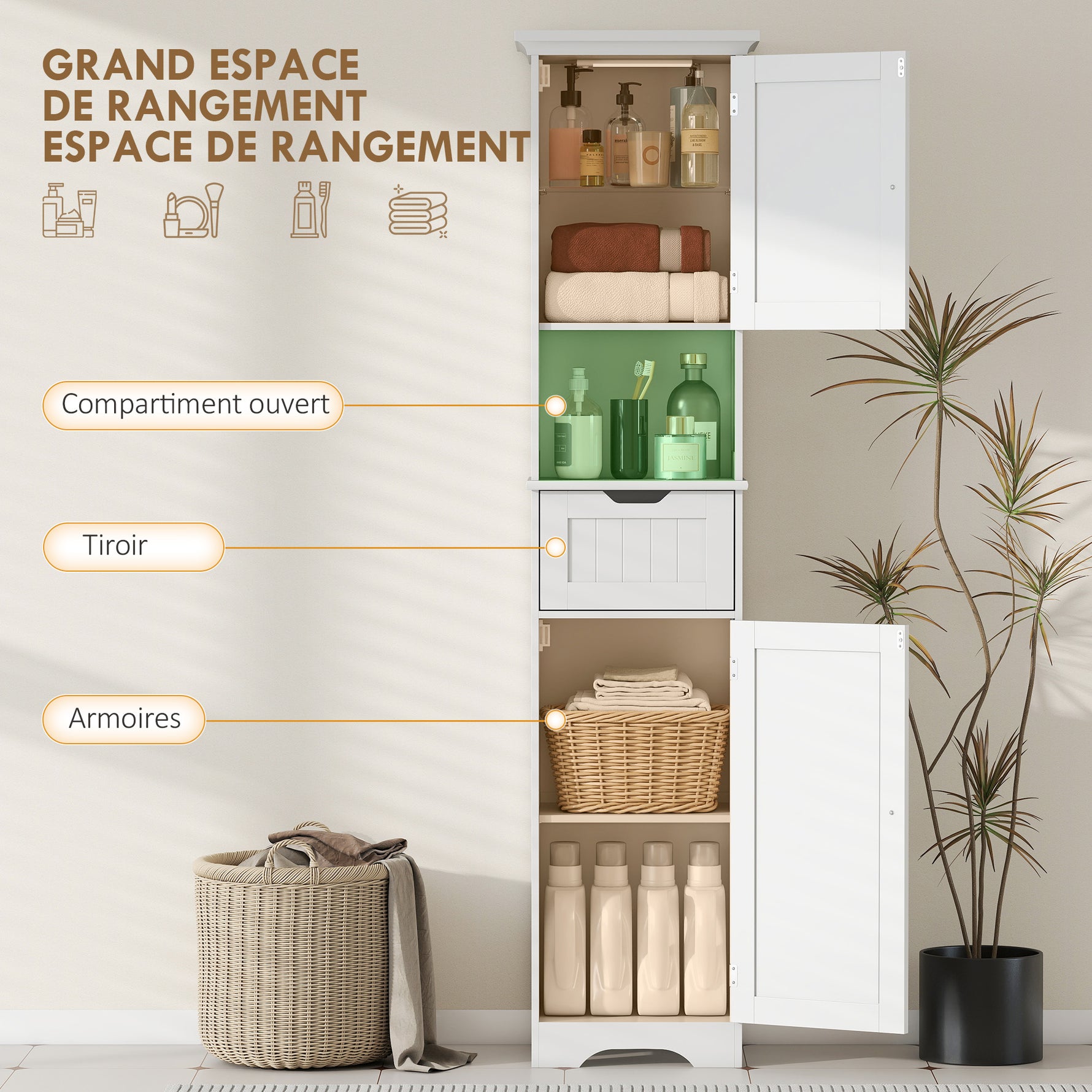 Meuble colonne salle de bain avec éclairage LED, meuble de rangement étroit, tiroir, 2 portes, 40x30x170cm, blanc